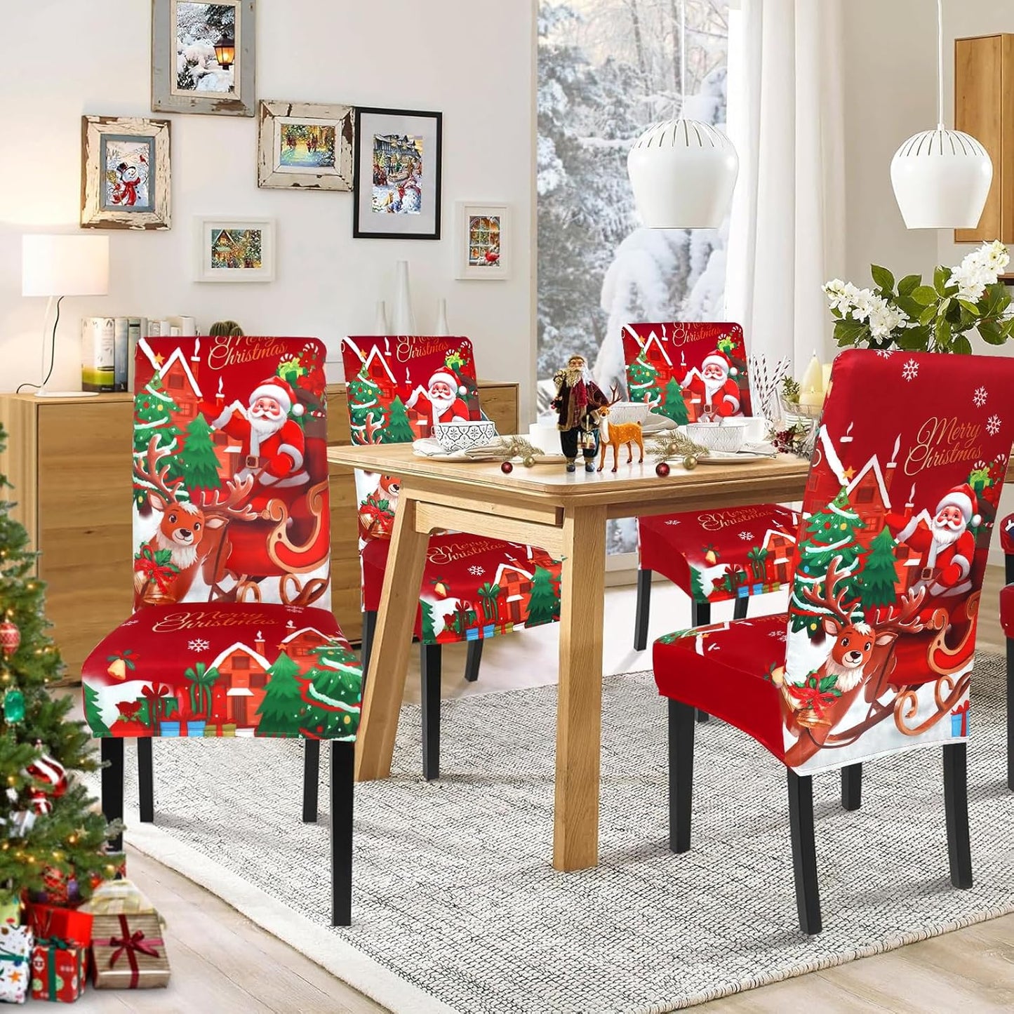Weldomcor Christmas Chair Covers Set of 6 Stretch Dining Room Chair Protector Slipcovers Santa Claus Deer Red Kitchen Seat Covers Spandex Decorations for Xmas Holiday Party Banquet Home Decor