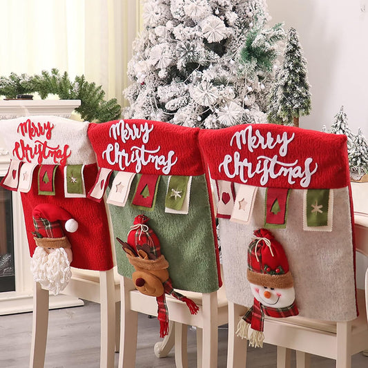 Christmas Chair Back Covers Set of 6, 3D Cute Santa Claus Snowman Reindeer Xmas Dinner Chair Covers, Christmas Chair Slipcovers for Dining Room Holiday Party Decor