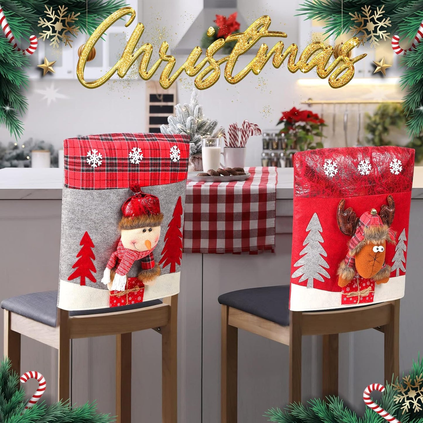 Christmas Chair Back Covers Dining Table Chair Slipcovers Christmas Plush Stuffed Santa Claus Snowman Reindeer Chair Covers Set for Holiday Decor, Christmas Party Banquet Home Decoration (Cute, 4 Pcs)