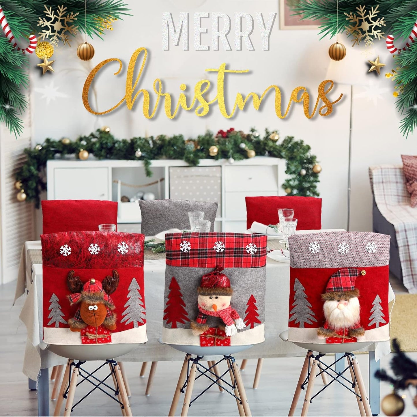 Christmas Chair Back Covers Dining Table Chair Slipcovers Christmas Plush Stuffed Santa Claus Snowman Reindeer Chair Covers Set for Holiday Decor, Christmas Party Banquet Home Decoration (Cute, 4 Pcs)
