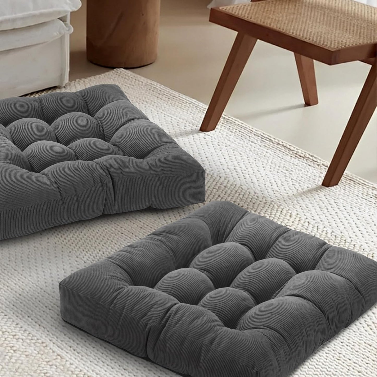 Floor Pillow Cushions for Adults Sitting Large Big Pillows for Floor Seating Square Memory Foam Thick Tufted, 22 x 22 Inch, Set of 2, Dark Grey