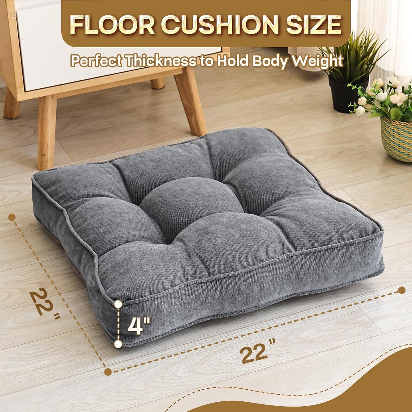 Floor Pillow Set of 2, Memory Foam Floor Cushions for Adults, Large Square Meditation Pillow for Sitting, 22 x 22 Inches (Square | Grey)