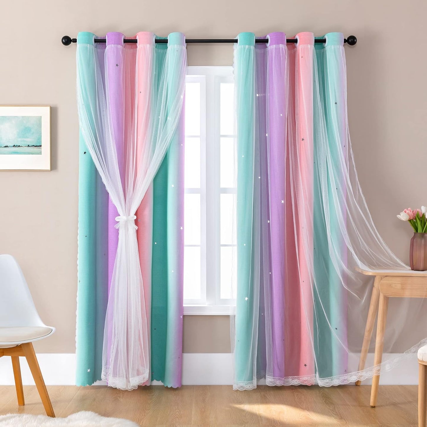 XiDi Pink and Purple Curtains 84 Inches Long for Girls Bedroom 2 Panels Blackout Rainbow Nursery Curtains for Kids Room Unicorn Princess Theme Home Decor Living Room Pink/Purple W52 X L84