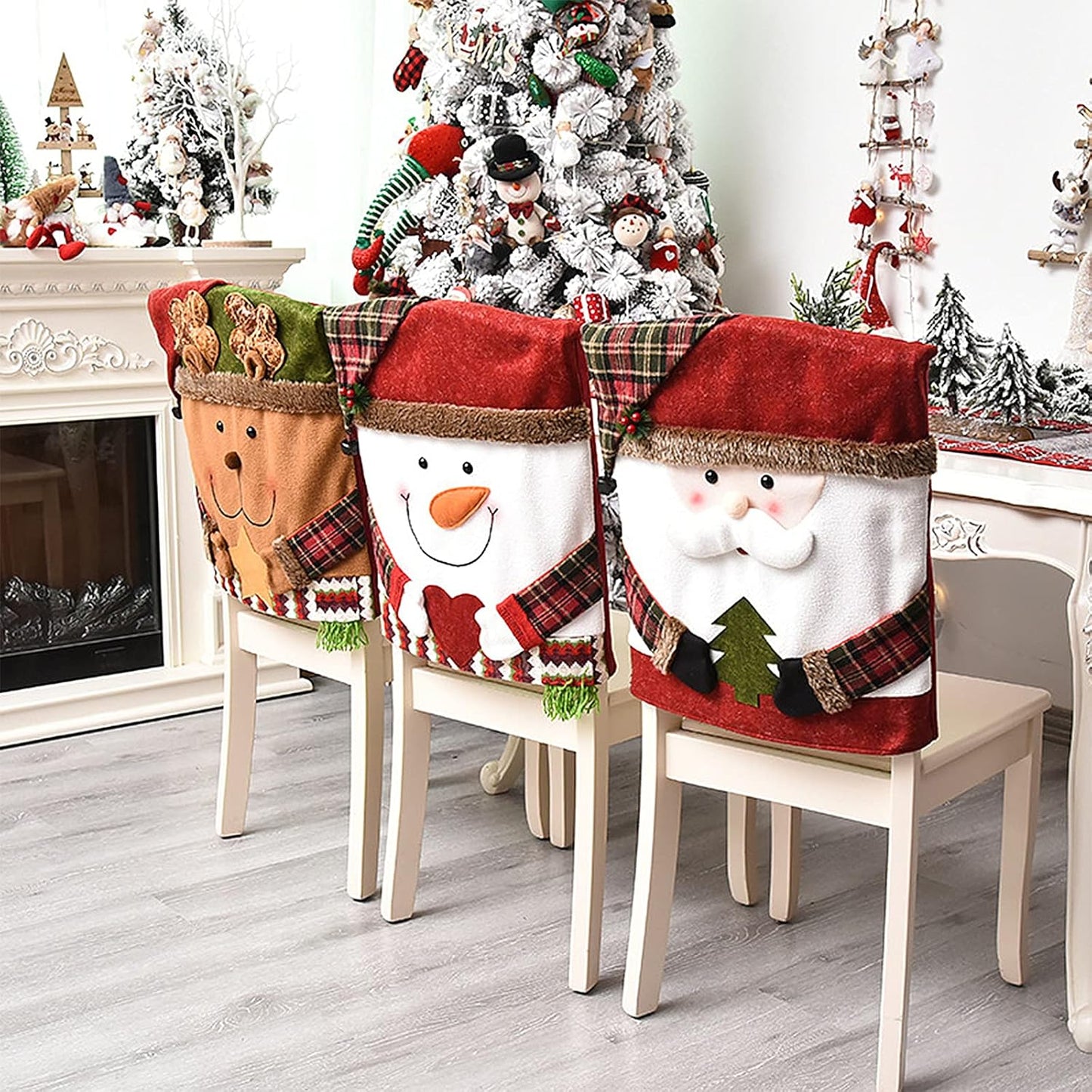 6 Pcs Christmas Chair Back Cover for Dining Room, Santa Claus Snowman Reindeer Xmas Dinner Chairs Cover, Chair Slipcover for Kitchen Hotel Holiday Party Decor
