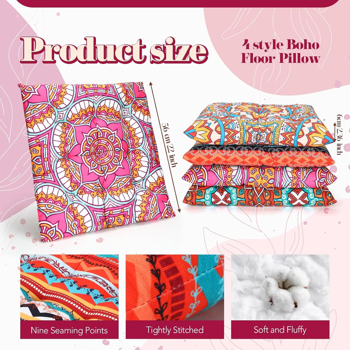 Nuogo 4 Pack Large 22 Inch Bohemian Floor Pillows Square Boho Floor Cushions Seating Pillows for Soft Yoga Meditation Pillow Mandala Pouf for Living Room Tatami Reading Nook(Exquisite)