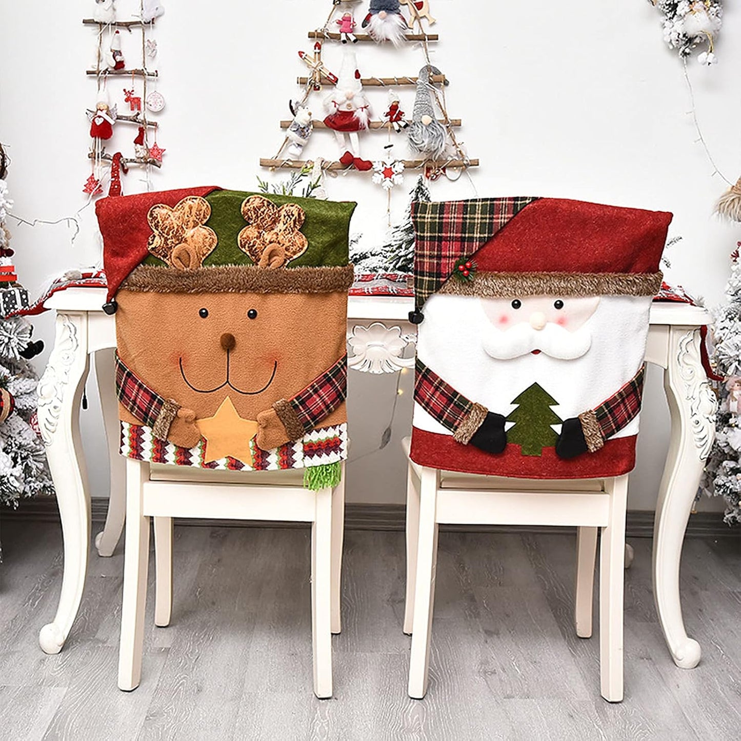 6 Pcs Christmas Chair Back Cover for Dining Room, Santa Claus Snowman Reindeer Xmas Dinner Chairs Cover, Chair Slipcover for Kitchen Hotel Holiday Party Decor