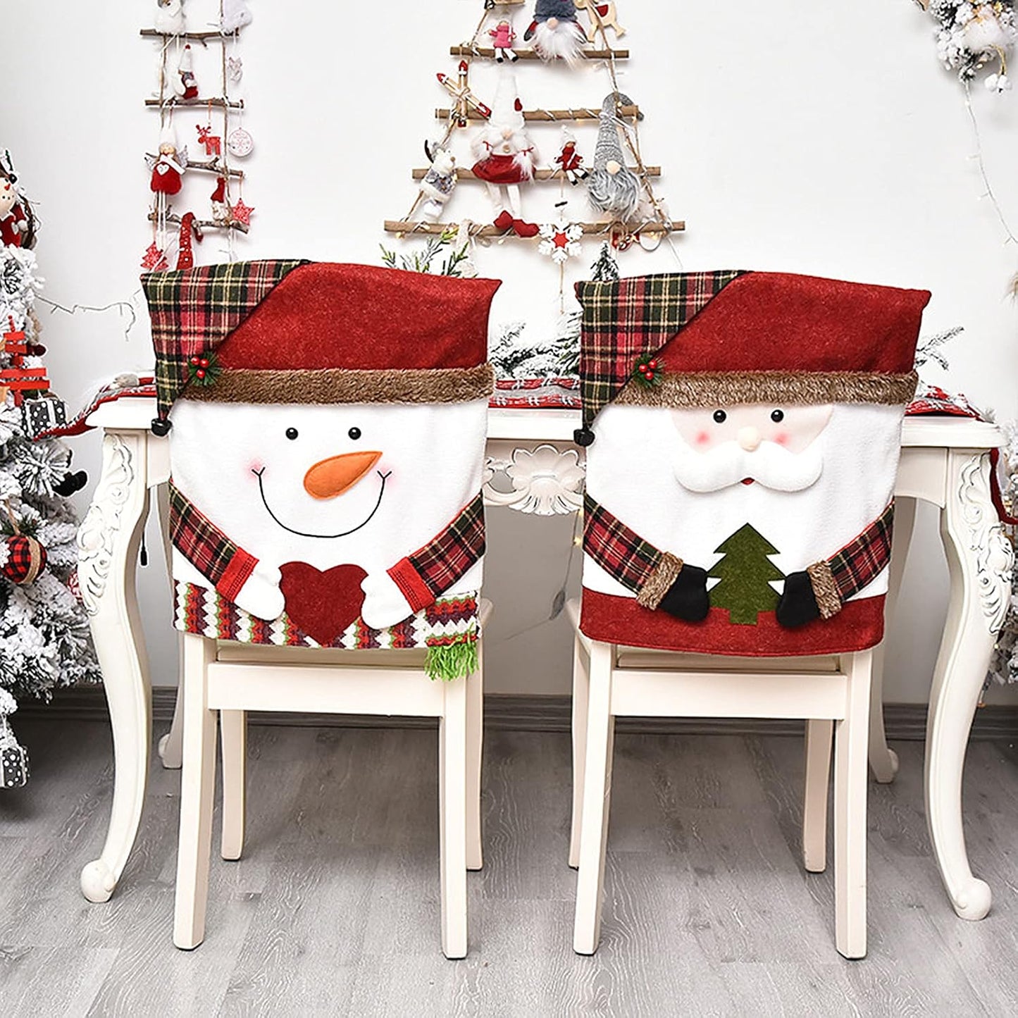 6 Pcs Christmas Chair Back Cover for Dining Room, Santa Claus Snowman Reindeer Xmas Dinner Chairs Cover, Chair Slipcover for Kitchen Hotel Holiday Party Decor