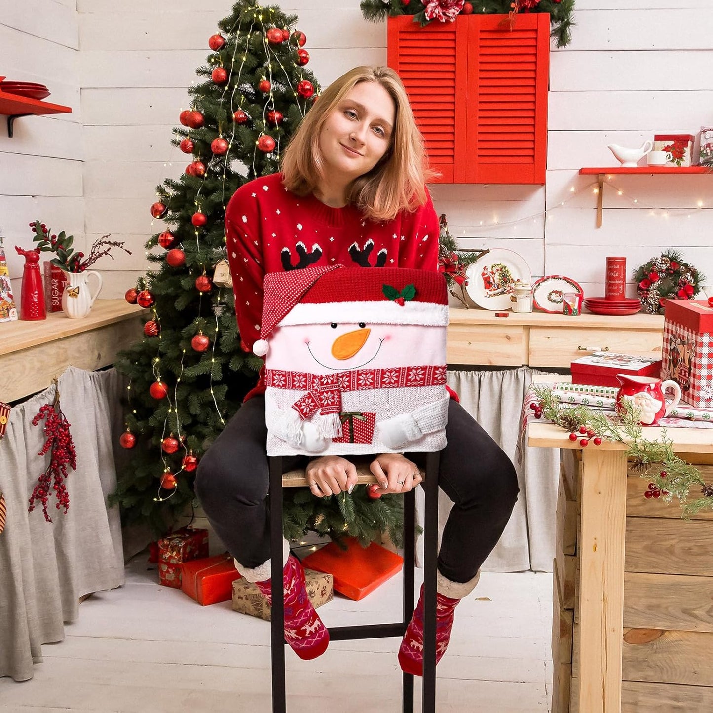 4 Pcs Christmas Chair Back Cover Santa Claus Snowman Xmas Dinner Chairs Cover Hat Covers Xmas Chair Slipcover for Dining Room Kitchen Hotel Holiday Party Decor(Classic)