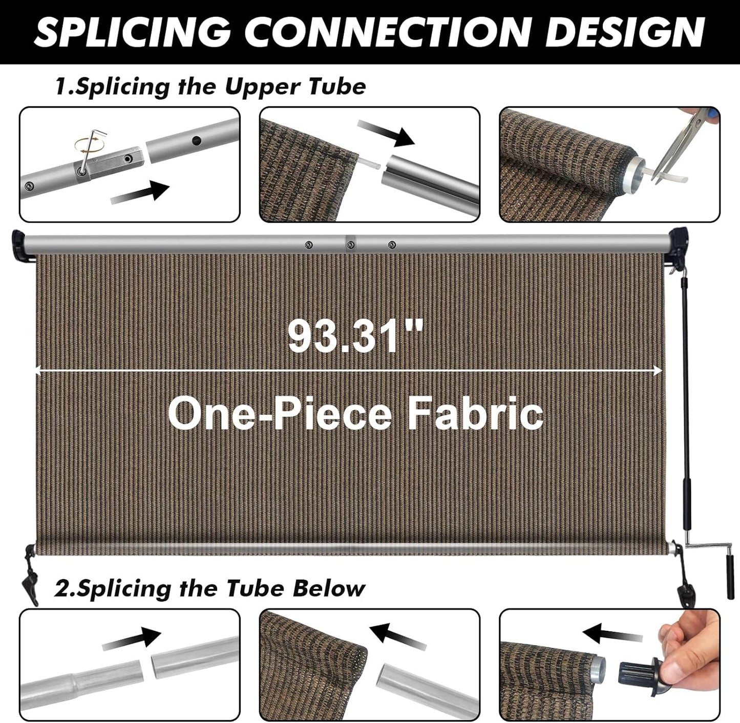 Artpuch Outdoor Roller Shade 8' W x 8' H, Mocha Exterior Cordless Patio Shades Roll Up Blinds with Spliced Pole Design, (2 Poles, One-Piece Fabric)