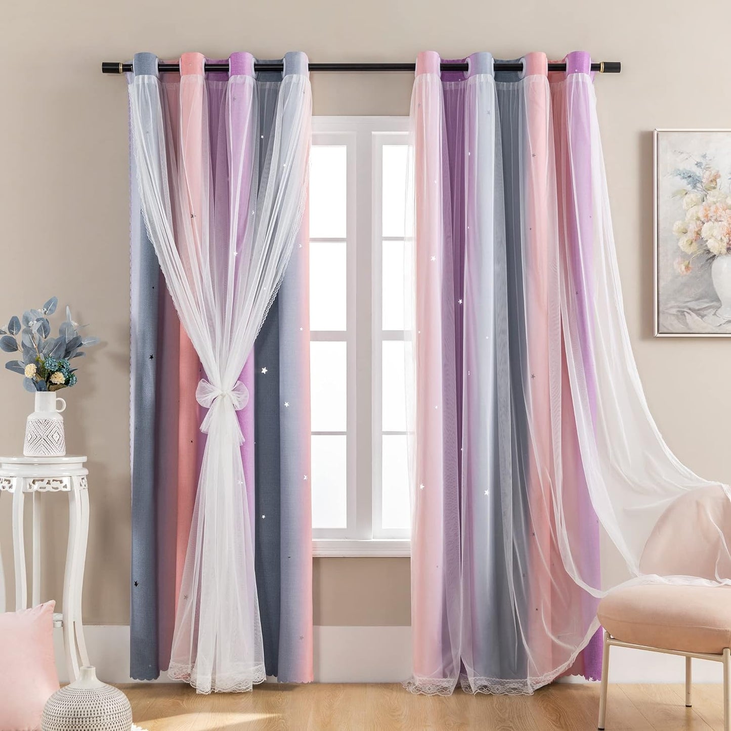 XiDi Pink and Purple Curtains 84 Inches Long for Girls Bedroom 2 Panels Blackout Rainbow Nursery Curtains for Kids Room Unicorn Princess Theme Home Decor Living Room Pink/Purple W52 X L84