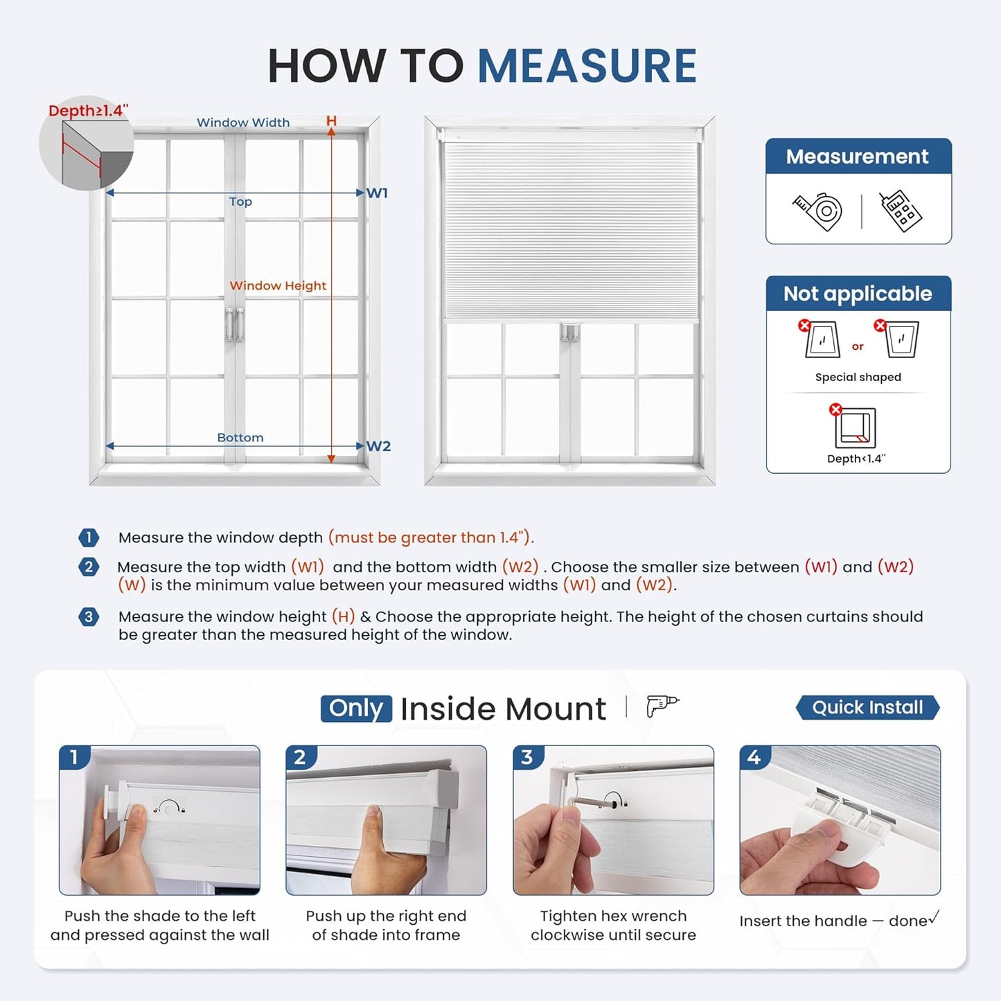 Grandekor No Tools No Drill Cordless Cellular Shades,46" W x 48" H,Blackout Honeycomb Blinds for Indoor Windows,UV Protection Privacy No Drill Blinds for Home,Door,White