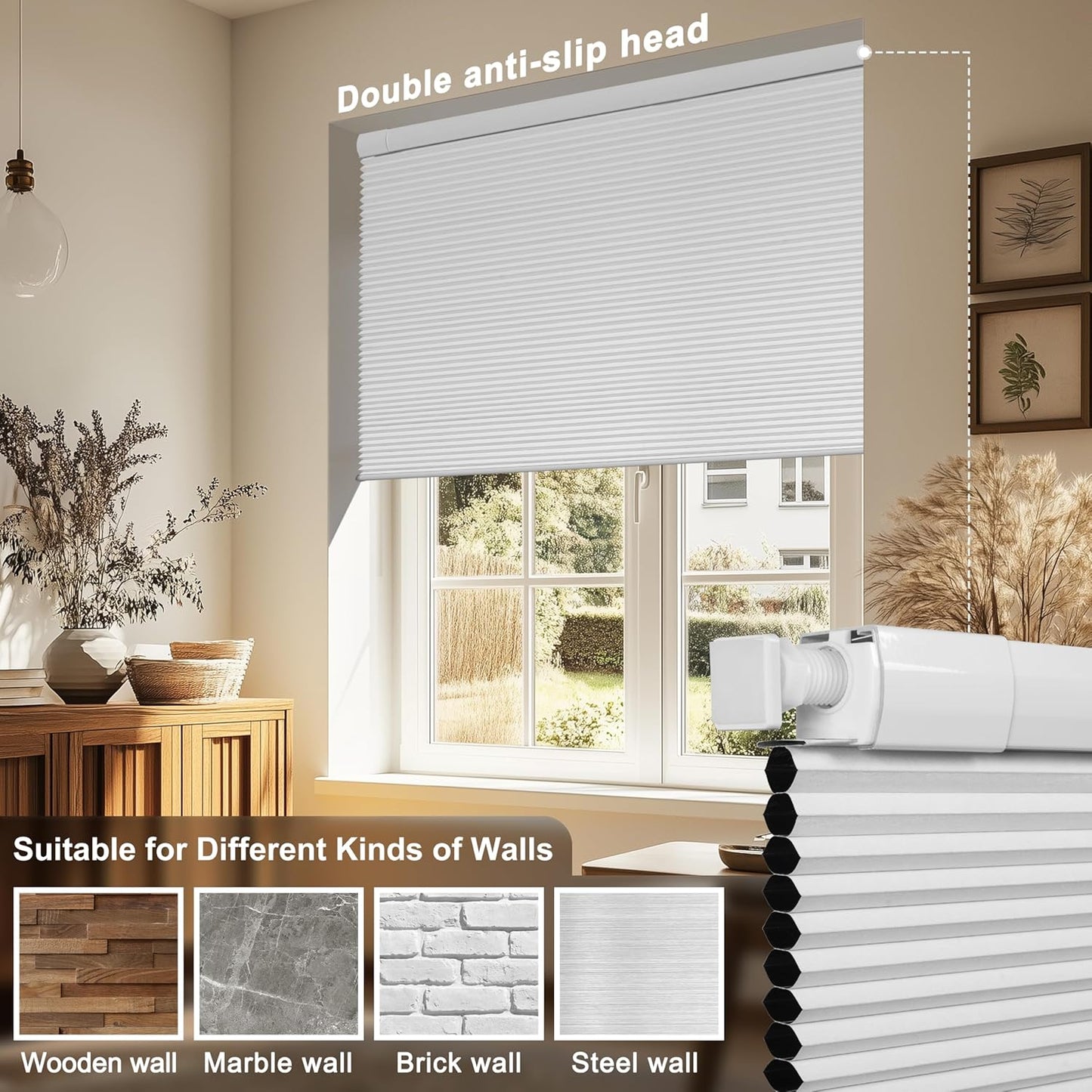 No Drill No Tools Blackout Cellular Shades Easy to Install for Indoor Windows Cordless Honeycomb Blinds Thermal Insulated Noise Reduction,White,Custom Size