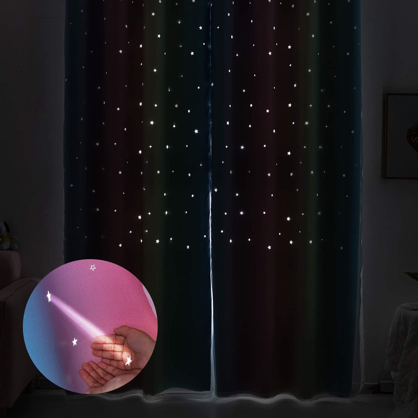 Anjee Star Curtains for Kids 2 in 1 Double Layer Blackout Curtains Grommets Top Star Cutout Rainbow Ombre Curtains with Sheer for Living Room Girls Bedroom 2 Panels 52 x 95 inch, Pink and Yellow