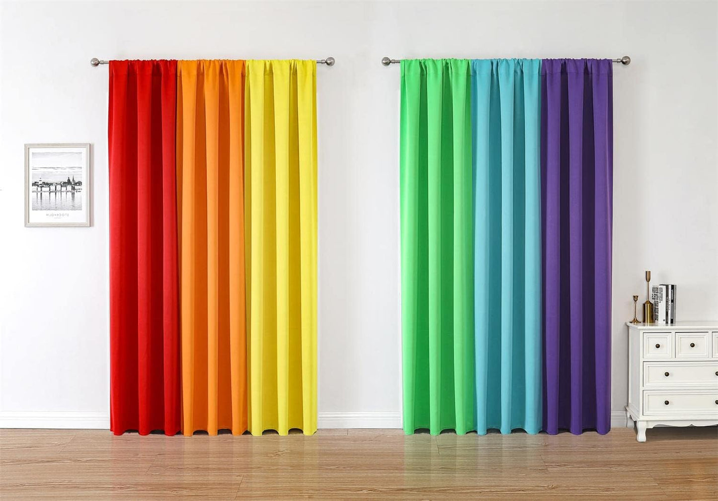 THOOO 6 Panel Blackout Rainbow Curtains for Bedroom & Living Room - 84 Inch Long, Darkening Rod Pocket Curtains with Colorful Drapes in Red, Orange, Yellow, Green, Blue, Purple