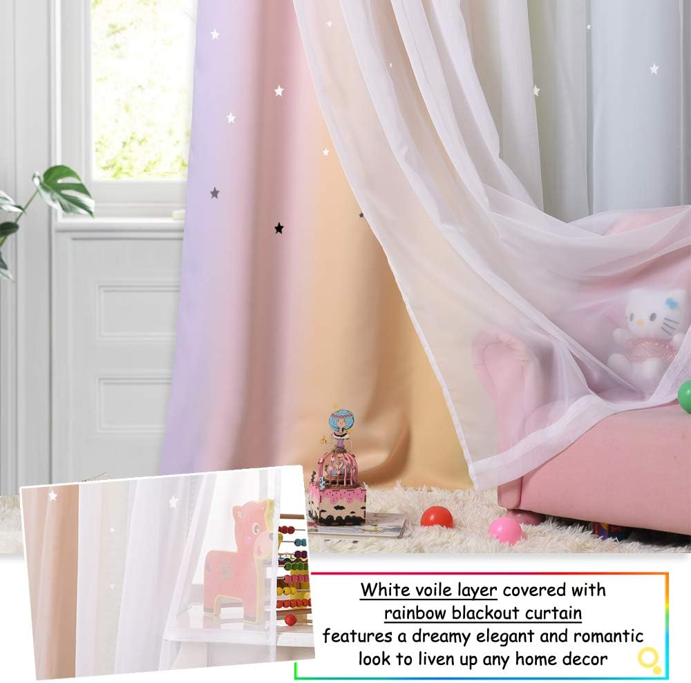 NICETOWN Rainbow Star Curtains for Girls Bedroom, Double Layer Colorful Stripes Kids Blackout Curtains Plus White Sheer Livingroom Window Curtains for School Classroom (Rainbow, W52 x L84, Sold by 2)