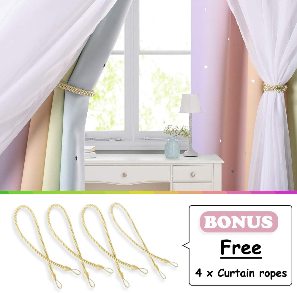 NICETOWN Rainbow Star Curtains for Girls Bedroom, Double Layer Colorful Stripes Kids Blackout Curtains Plus White Sheer Livingroom Window Curtains for School Classroom (Rainbow, W52 x L84, Sold by 2)