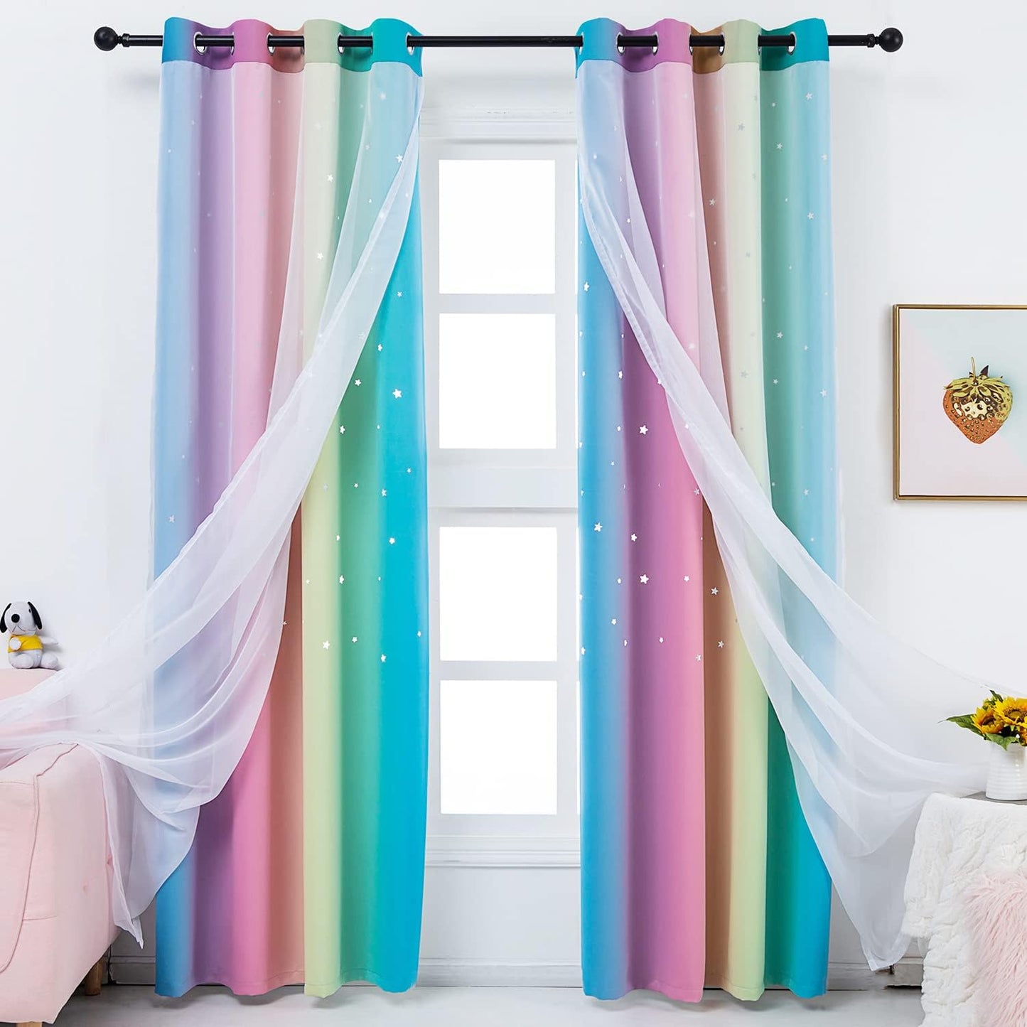 Anjee Star Curtains for Kids 2 in 1 Double Layer Blackout Curtains Grommets Top Star Cutout Rainbow Ombre Curtains with Sheer for Living Room Girls Bedroom 2 Panels 52 x 95 inch, Pink and Yellow