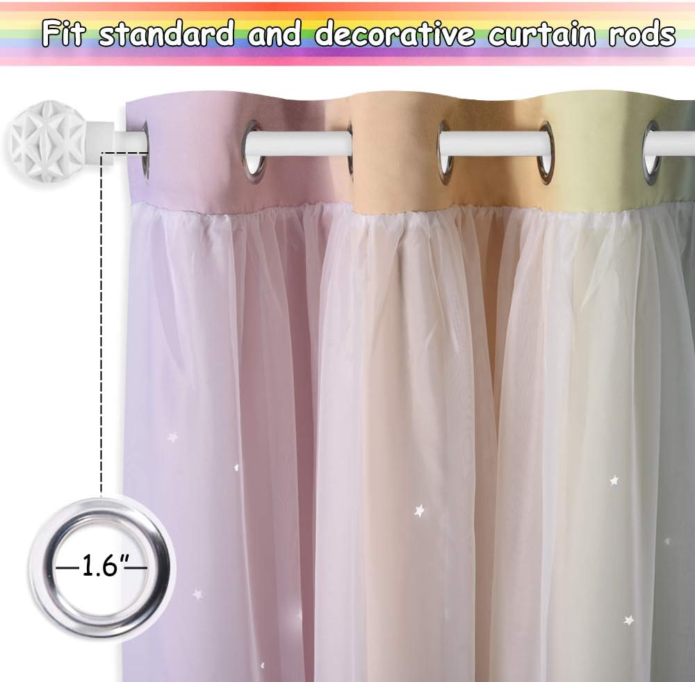 NICETOWN Rainbow Star Curtains for Girls Bedroom, Double Layer Colorful Stripes Kids Blackout Curtains Plus White Sheer Livingroom Window Curtains for School Classroom (Rainbow, W52 x L84, Sold by 2)