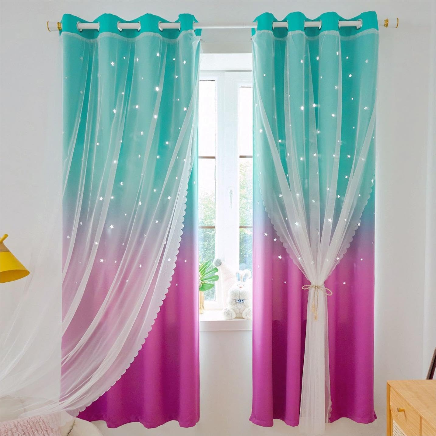 Anjee Star Curtains for Kids 2 in 1 Double Layer Blackout Curtains Grommets Top Star Cutout Rainbow Ombre Curtains with Sheer for Living Room Girls Bedroom 2 Panels 52 x 95 inch, Pink and Yellow