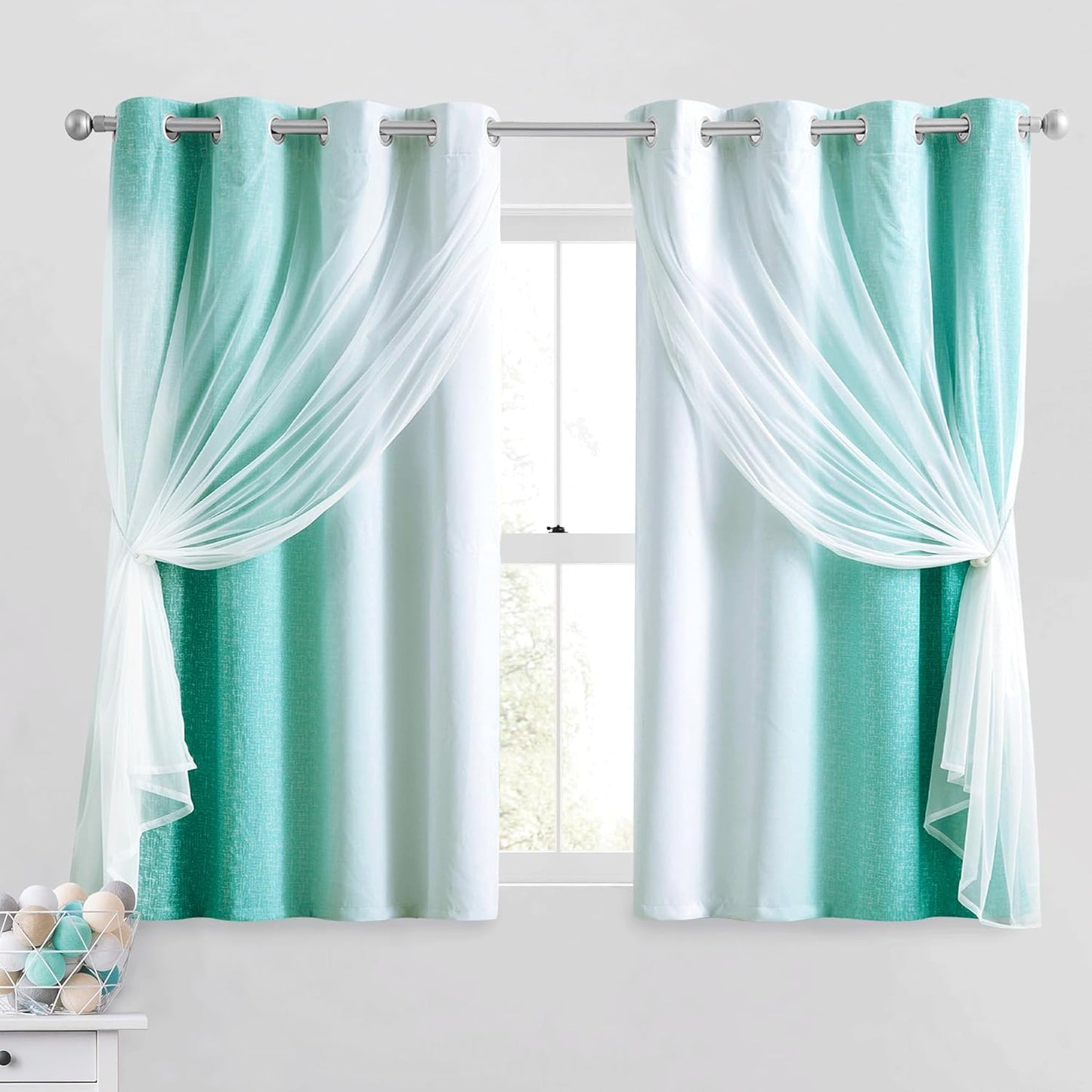 100% Blackout Curtains with Sheer Overlay Mix and Match Double Layer Drapes 84 Inch Long 2 Panels for Room Bedroom Ombre Rainbow Grommet Window Treatment with Tiebacks