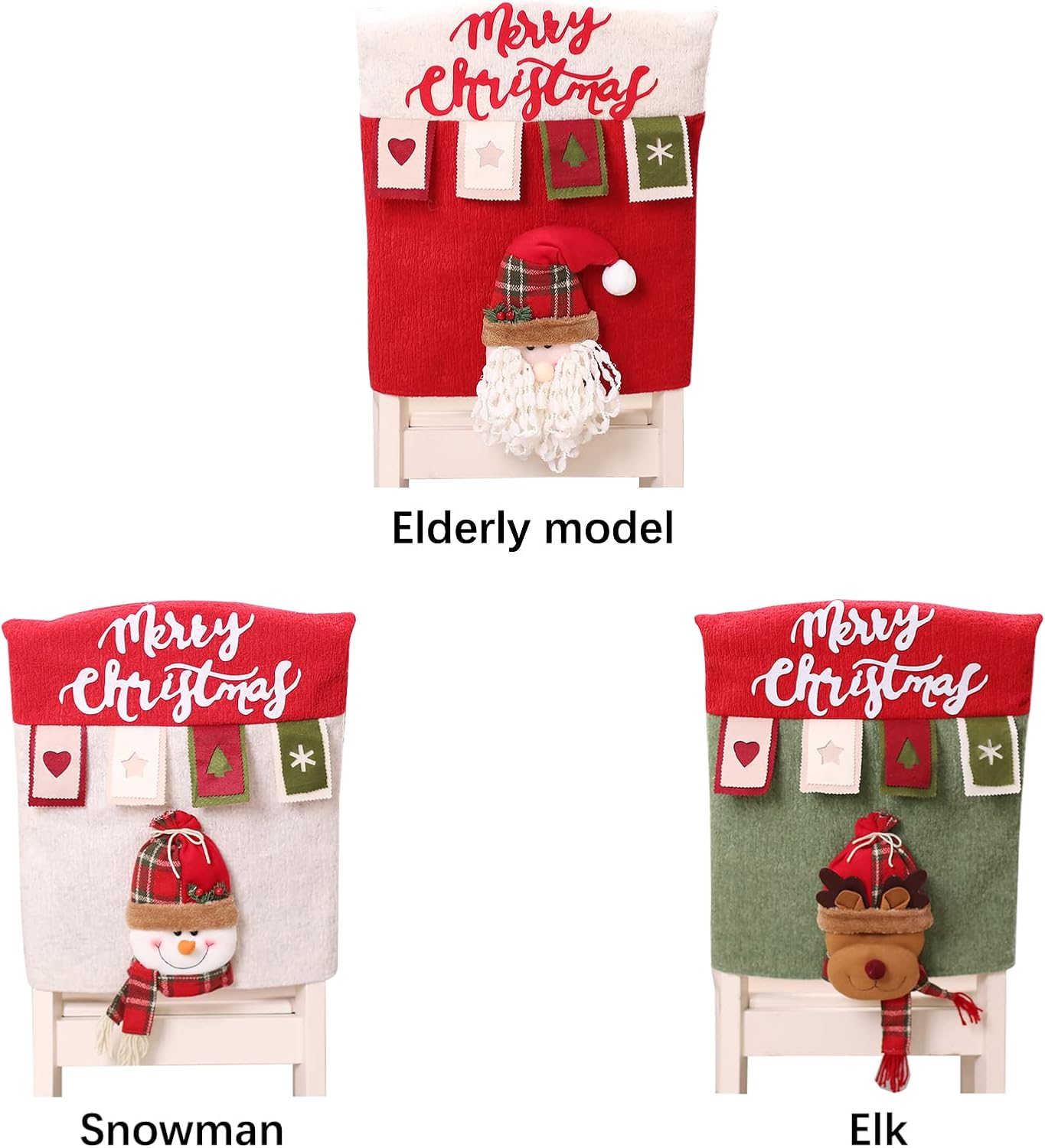 Christmas Chair Back Covers Set of 6, 3D Cute Santa Claus Snowman Reindeer Xmas Dinner Chair Covers, Christmas Chair Slipcovers for Dining Room Holiday Party Decor