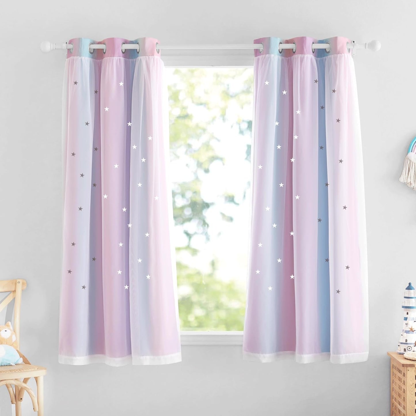 NICETOWN Rainbow Star Curtains for Girls Bedroom, Double Layer Colorful Stripes Kids Blackout Curtains Plus White Sheer Livingroom Window Curtains for School Classroom (Rainbow, W52 x L84, Sold by 2)