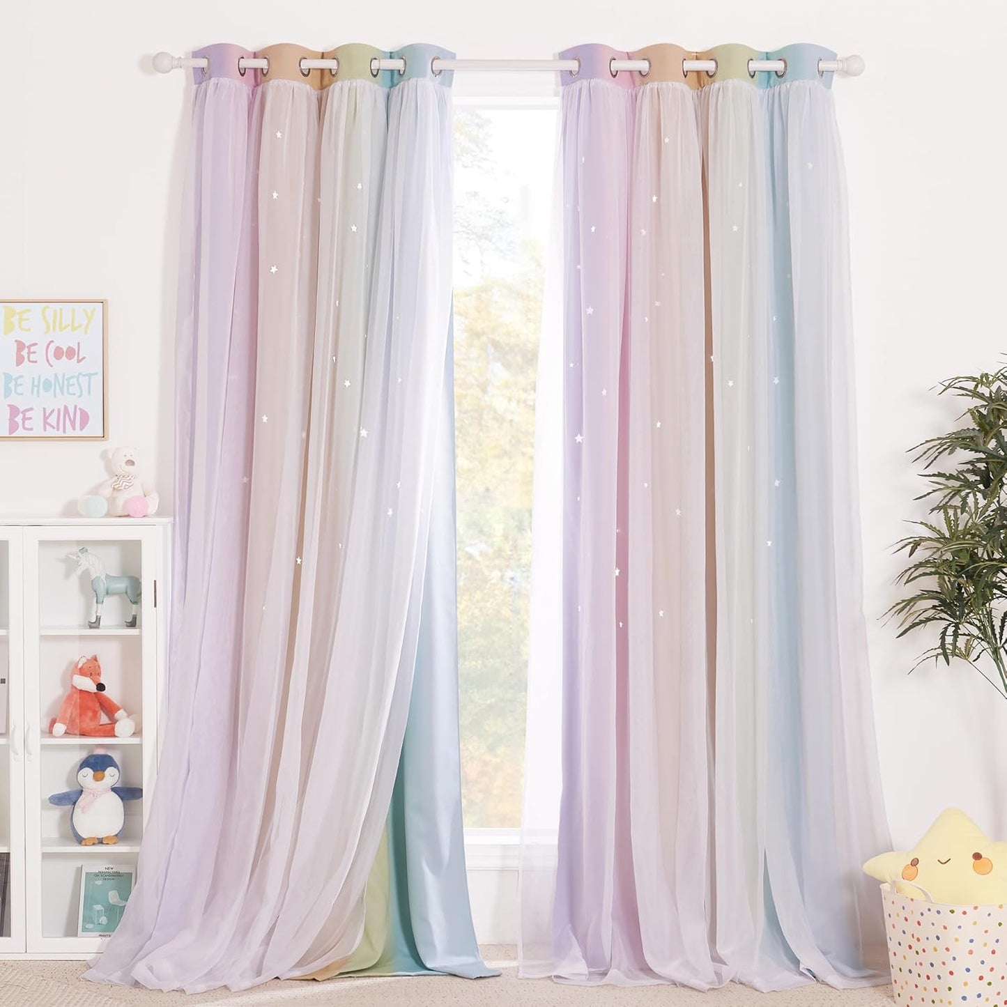 NICETOWN Rainbow Star Curtains for Girls Bedroom, Double Layer Colorful Stripes Kids Blackout Curtains Plus White Sheer Livingroom Window Curtains for School Classroom (Rainbow, W52 x L84, Sold by 2)