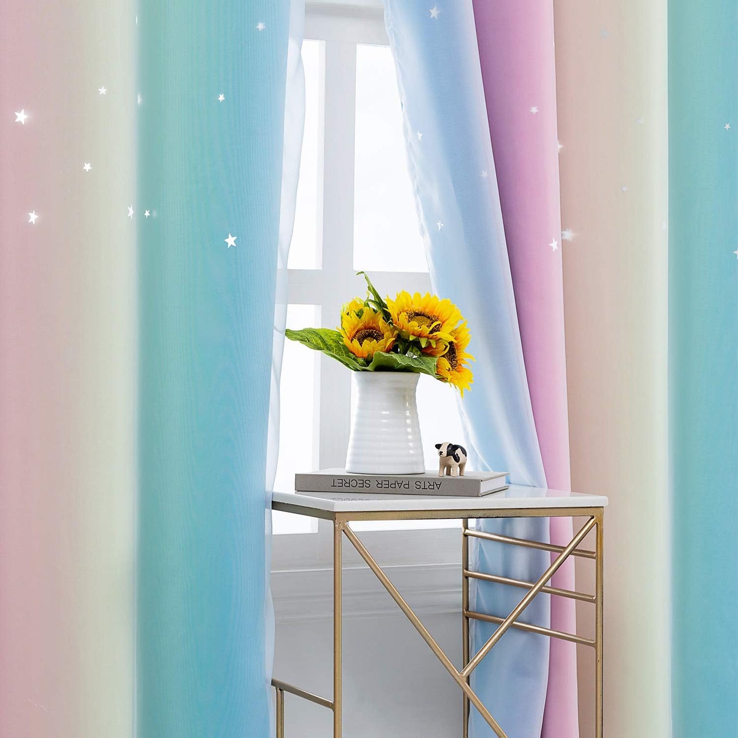 Anjee Star Curtains for Kids 2 in 1 Double Layer Blackout Curtains Grommets Top Star Cutout Rainbow Ombre Curtains with Sheer for Living Room Girls Bedroom 2 Panels 52 x 95 inch, Pink and Yellow