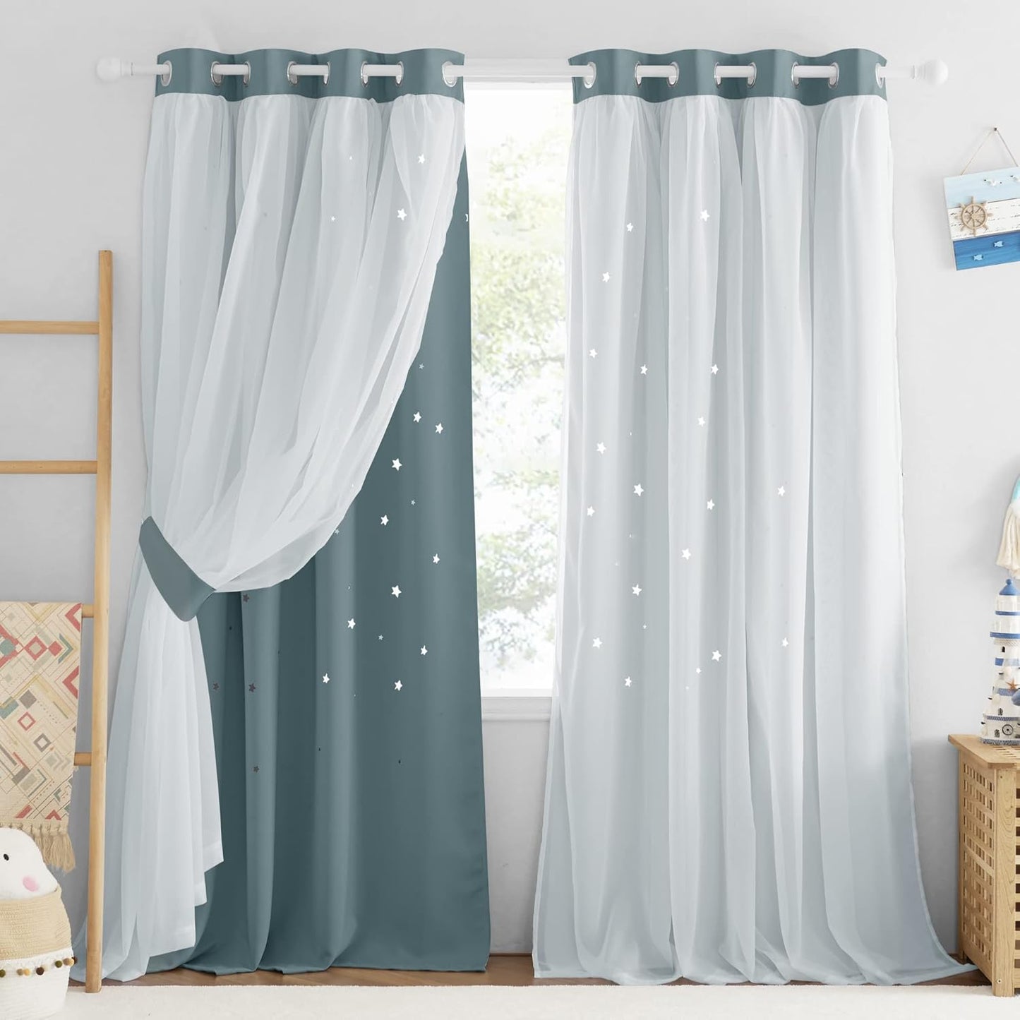 NICETOWN Rainbow Star Curtains for Girls Bedroom, Double Layer Colorful Stripes Kids Blackout Curtains Plus White Sheer Livingroom Window Curtains for School Classroom (Rainbow, W52 x L84, Sold by 2)