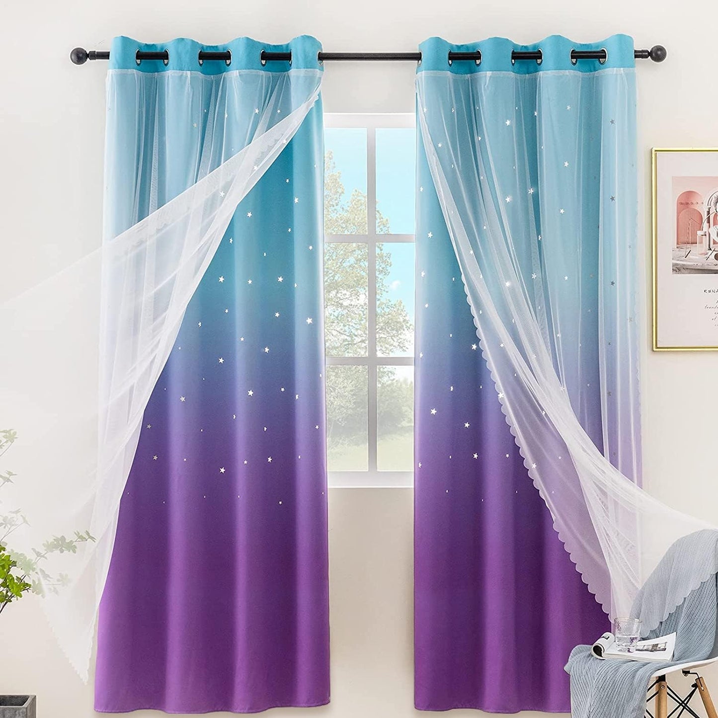 Stiio Kids Blackout Curtains 2 Panels, Star Cutout Ombre Stripe Rainbow Curtains Light Blocking Window Treatment for Girls Bedroom Home Decor, W52 x L63 inches