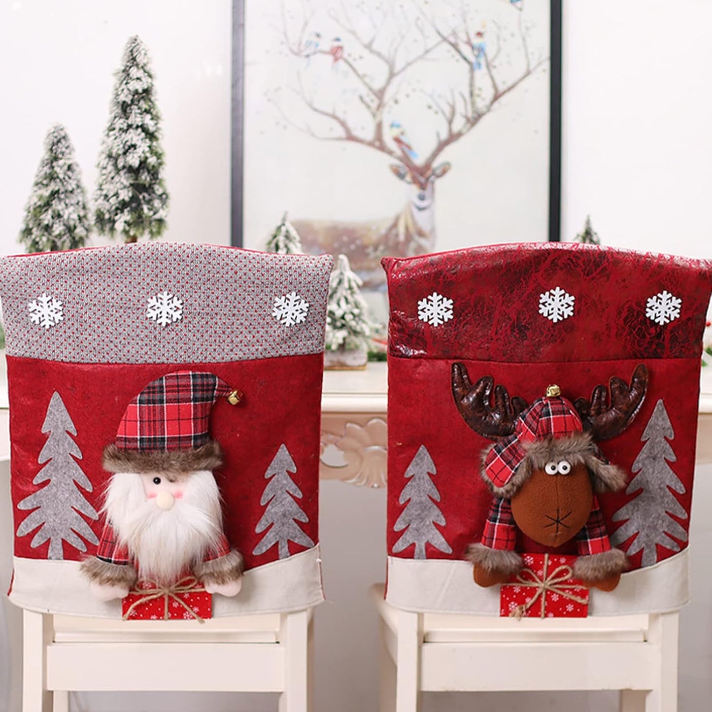 Asodomo Christmas Chair Back Cover Set of 6 Santa Claus Snowman Elk Chair Covers Dining Chair Slipcovers for Kitchen Holiday Festival Party Home Decor
