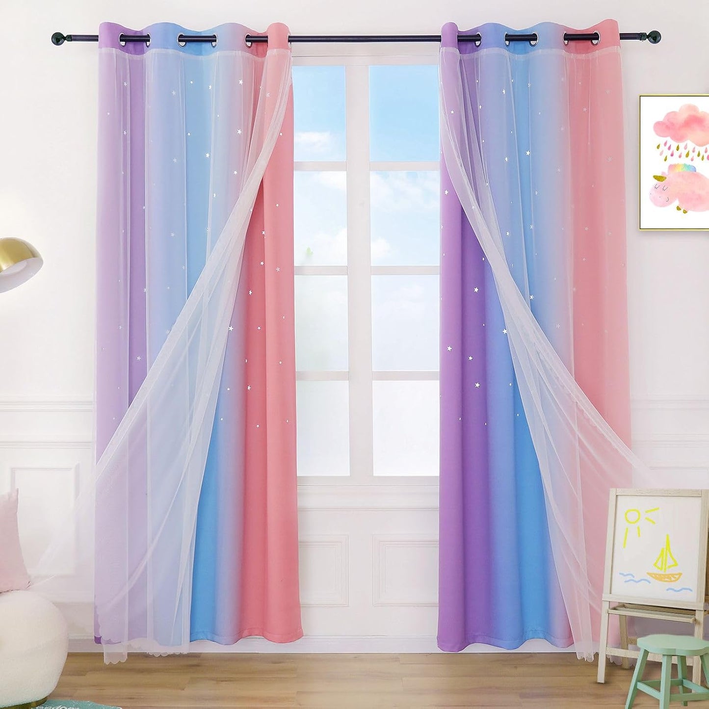 Anjee Star Curtains for Kids 2 in 1 Double Layer Blackout Curtains Grommets Top Star Cutout Rainbow Ombre Curtains with Sheer for Living Room Girls Bedroom 2 Panels 52 x 95 inch, Pink and Yellow