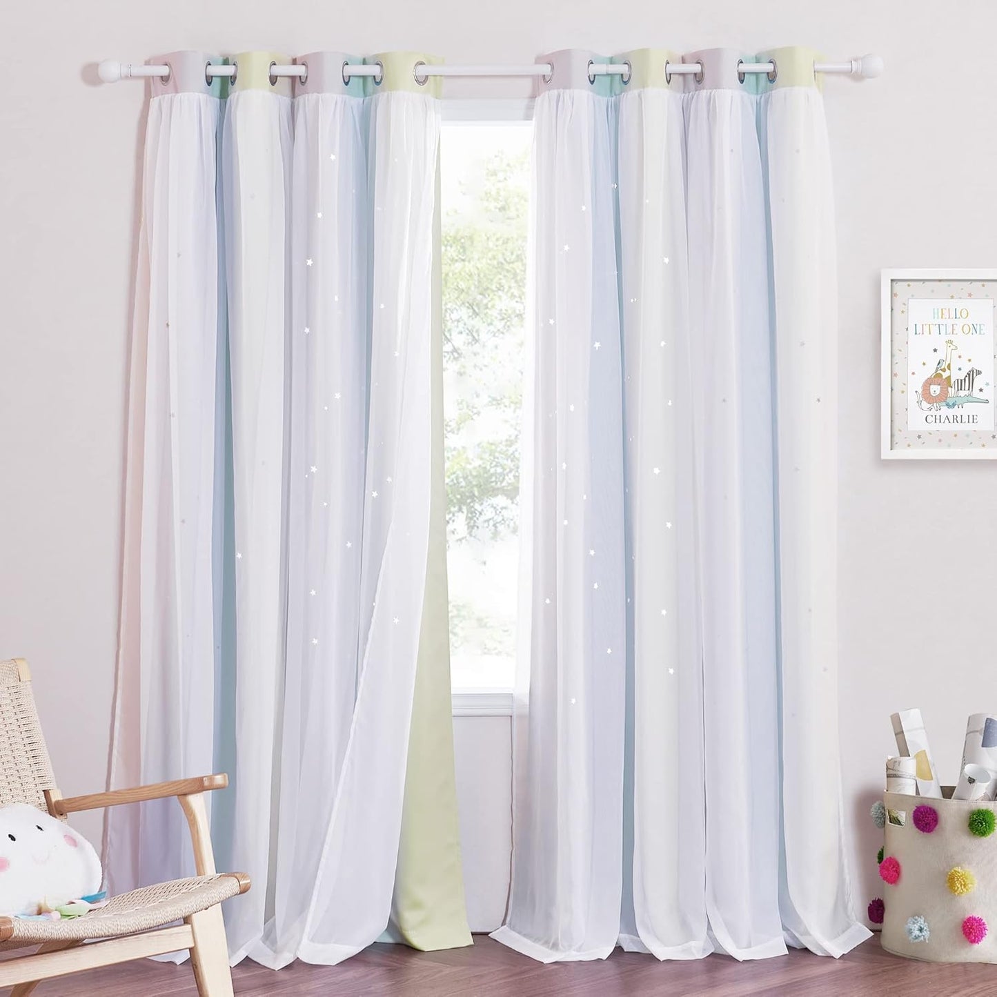 NICETOWN Rainbow Star Curtains for Girls Bedroom, Double Layer Colorful Stripes Kids Blackout Curtains Plus White Sheer Livingroom Window Curtains for School Classroom (Rainbow, W52 x L84, Sold by 2)