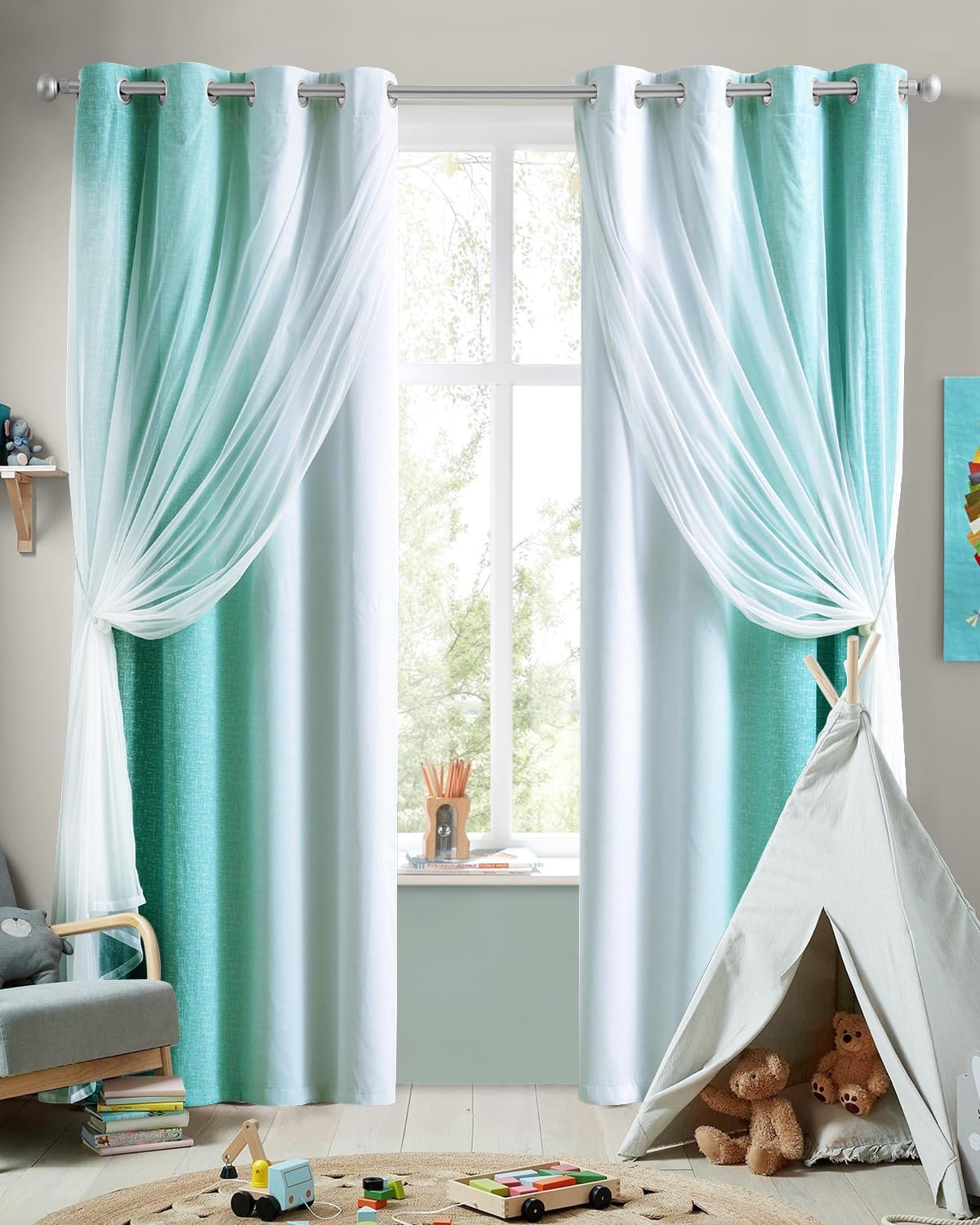 100% Blackout Curtains with Sheer Overlay Mix and Match Double Layer Drapes 84 Inch Long 2 Panels for Room Bedroom Ombre Rainbow Grommet Window Treatment with Tiebacks