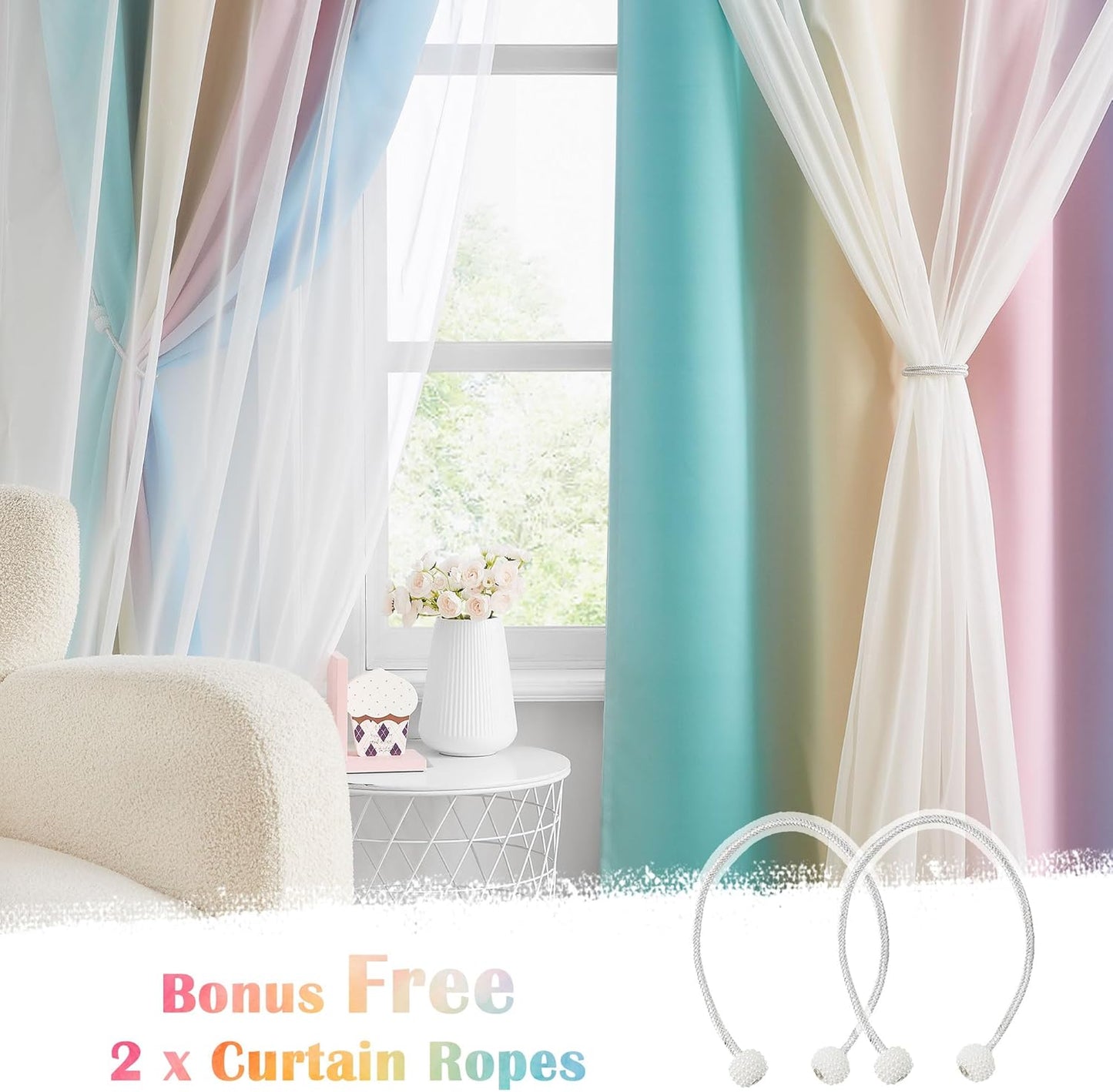 100% Blackout Curtains with Sheer Overlay Mix and Match Double Layer Drapes 84 Inch Long 2 Panels for Room Bedroom Ombre Rainbow Grommet Window Treatment with Tiebacks