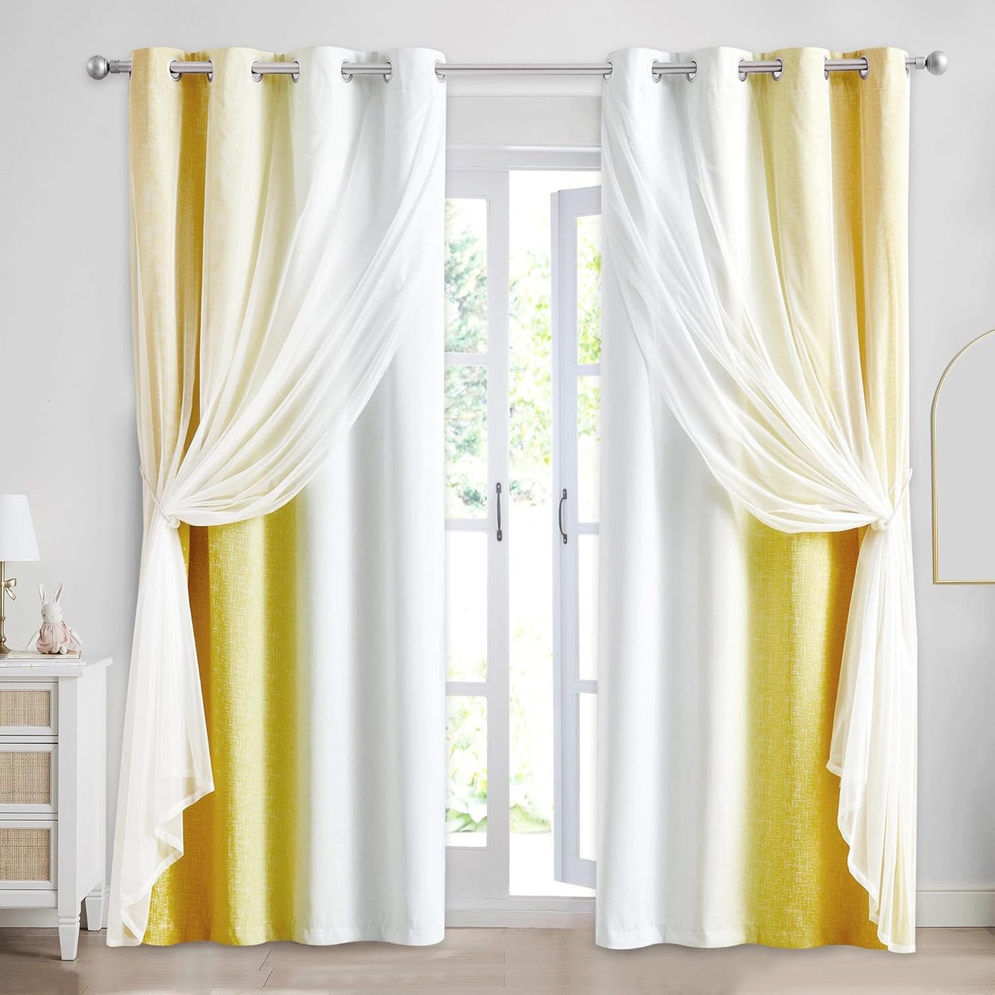 100% Blackout Curtains with Sheer Overlay Mix and Match Double Layer Drapes 84 Inch Long 2 Panels for Room Bedroom Ombre Rainbow Grommet Window Treatment with Tiebacks