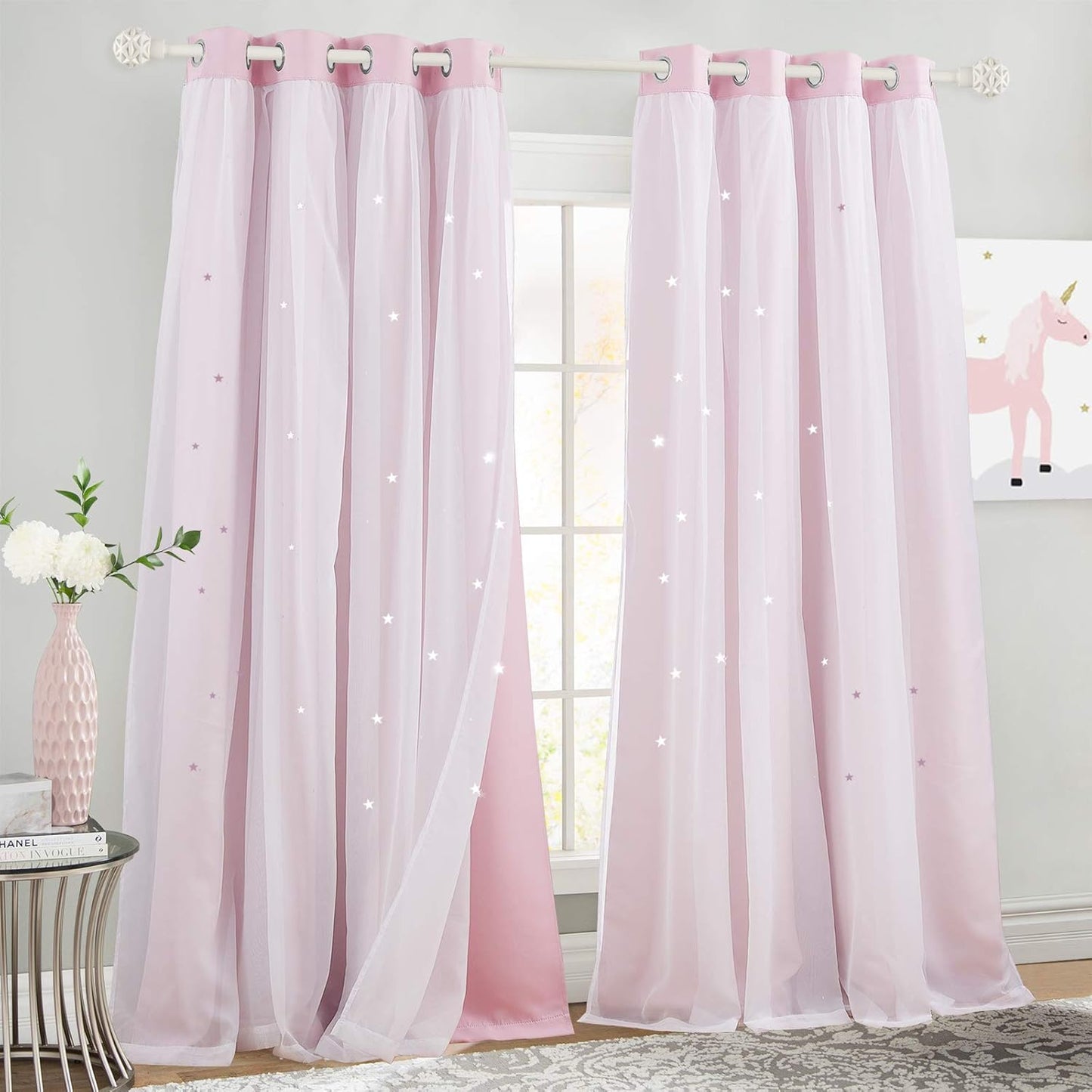 NICETOWN Rainbow Star Curtains for Girls Bedroom, Double Layer Colorful Stripes Kids Blackout Curtains Plus White Sheer Livingroom Window Curtains for School Classroom (Rainbow, W52 x L84, Sold by 2)