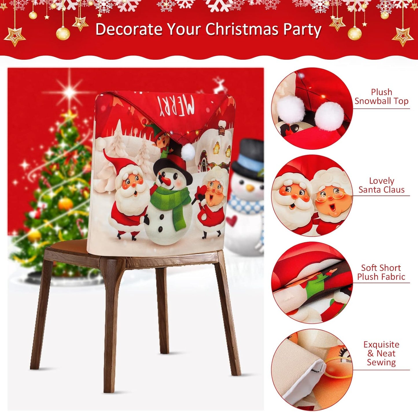Christmas Chair Covers Set of 4 Merry Christmas Dining Room Chair Back Covers Santa Claus Snowman Xmas Chair Protector Slipcovers for Christmas Holiday Home Kitchen Decor