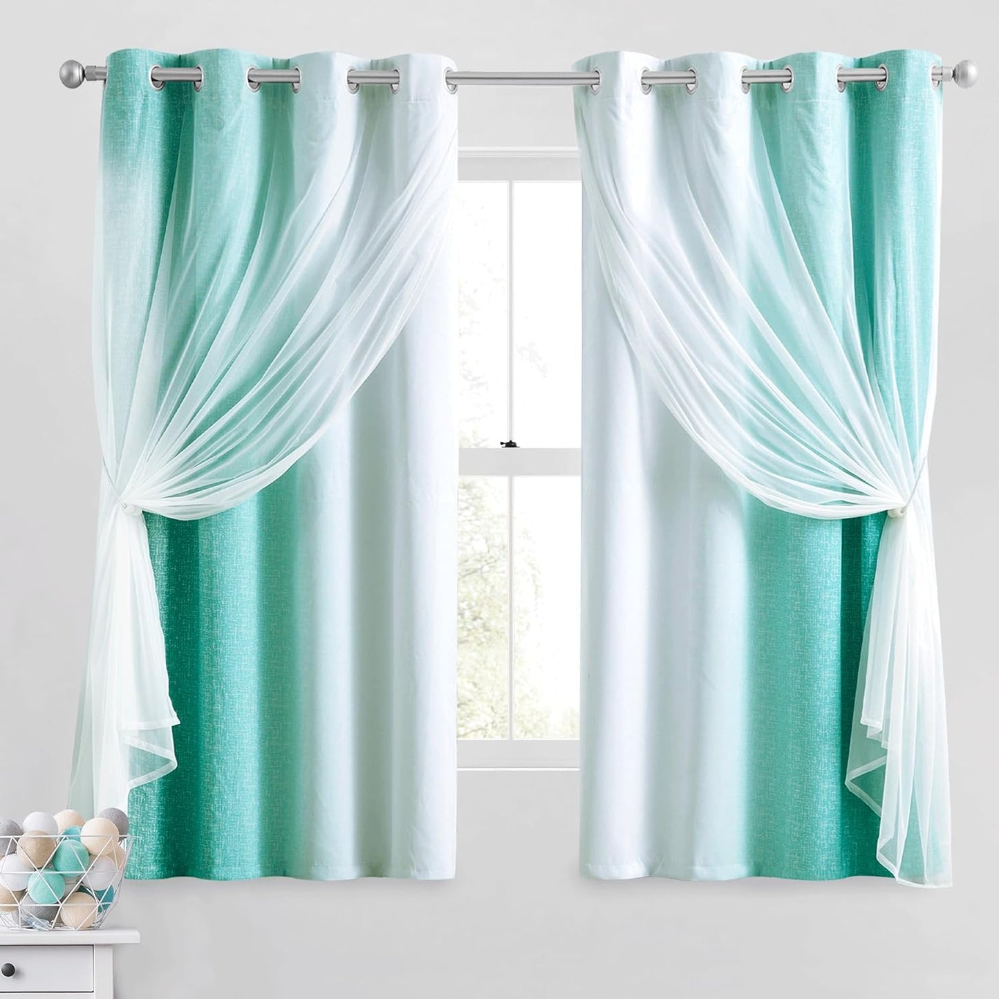100% Blackout Curtains with Sheer Overlay Mix and Match Double Layer Drapes 84 Inch Long 2 Panels for Room Bedroom Ombre Rainbow Grommet Window Treatment with Tiebacks