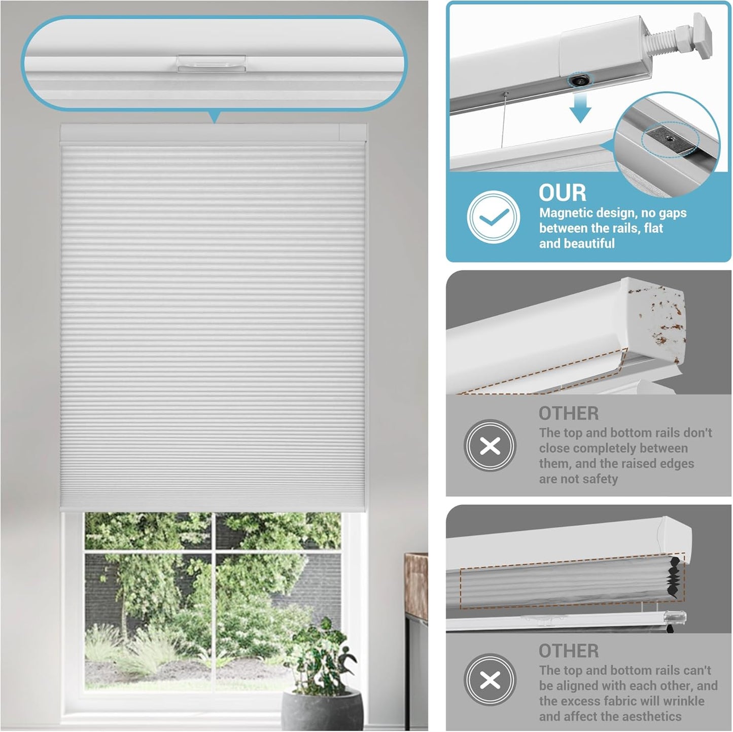 Boolegon No Drill No Tools Cellular Shades Top Down Bottom Up Honeycomb Blinds Blackout Cordless Window Blinds Easy to Install Cellular Shade for Windows,Blackout-White,Custom Size