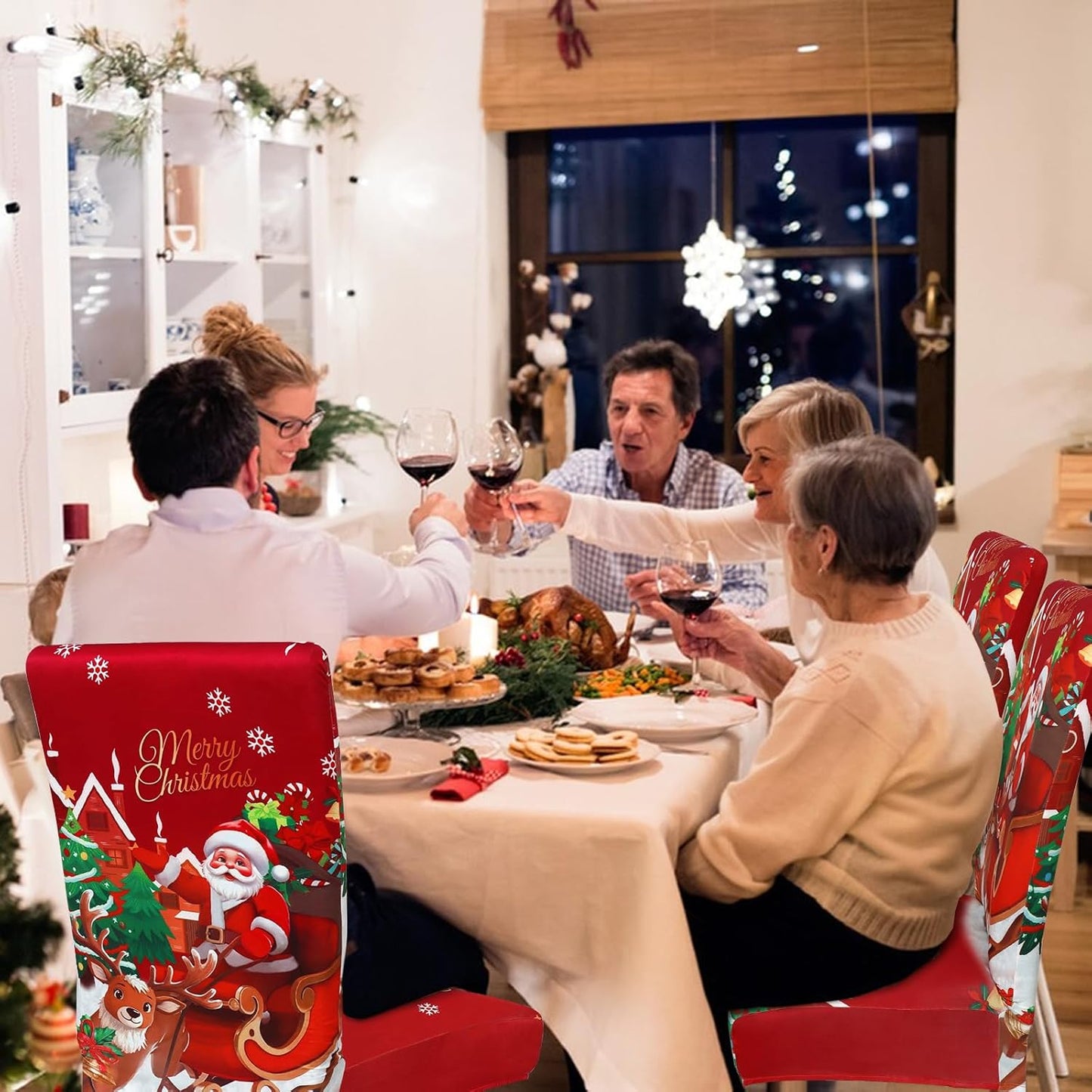 Weldomcor Christmas Chair Covers Set of 6 Stretch Dining Room Chair Protector Slipcovers Santa Claus Deer Red Kitchen Seat Covers Spandex Decorations for Xmas Holiday Party Banquet Home Decor