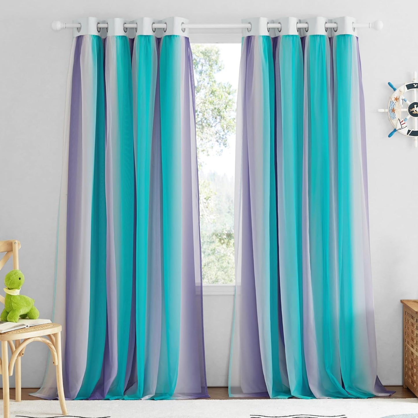 NICETOWN Rainbow Star Curtains for Girls Bedroom, Double Layer Colorful Stripes Kids Blackout Curtains Plus White Sheer Livingroom Window Curtains for School Classroom (Rainbow, W52 x L84, Sold by 2)