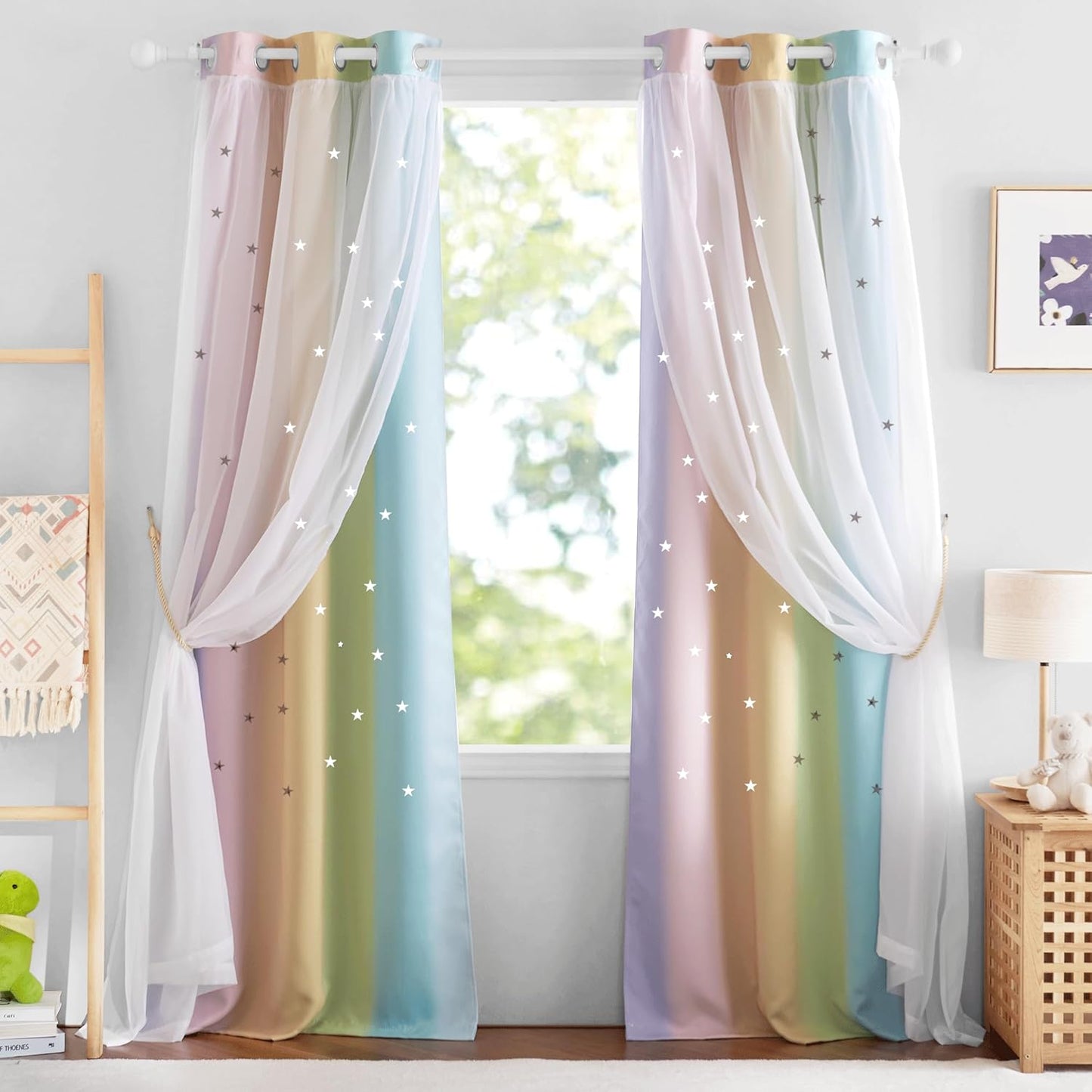 NICETOWN Rainbow Star Curtains for Girls Bedroom, Double Layer Colorful Stripes Kids Blackout Curtains Plus White Sheer Livingroom Window Curtains for School Classroom (Rainbow, W52 x L84, Sold by 2)