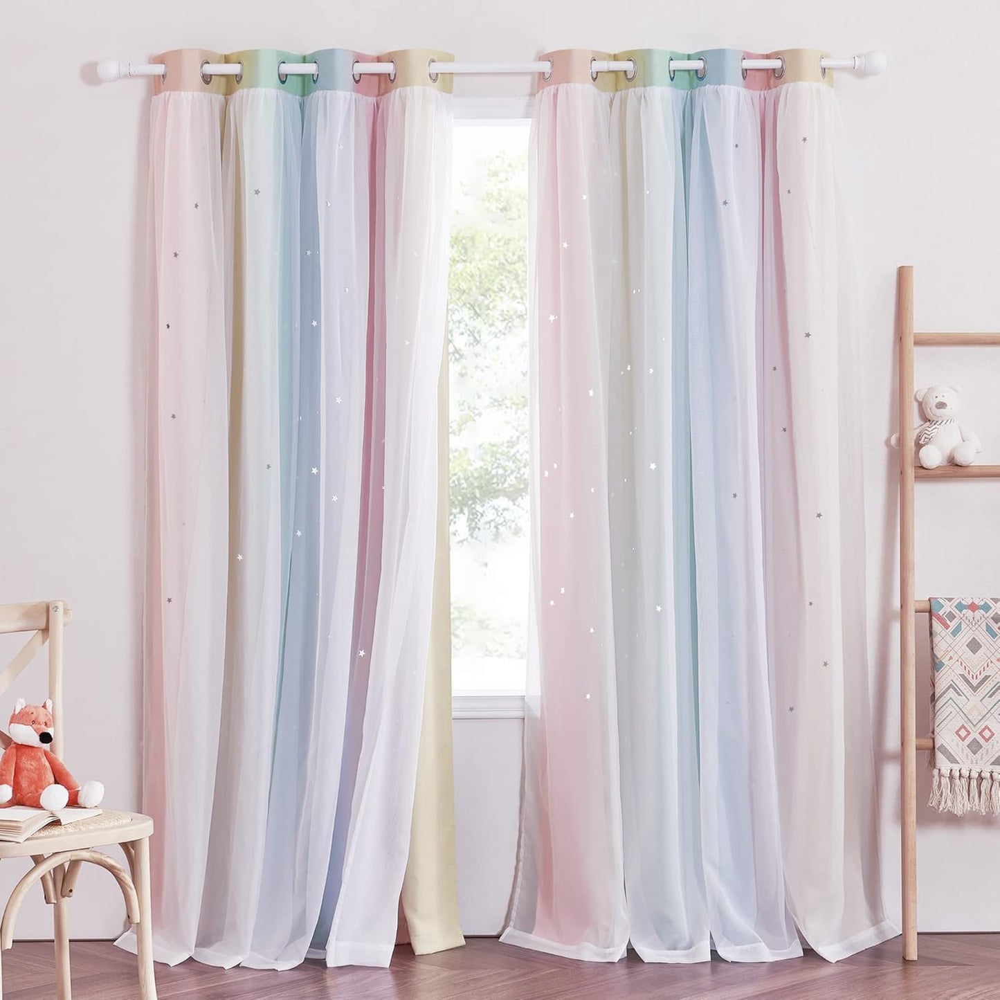 NICETOWN Rainbow Star Curtains for Girls Bedroom, Double Layer Colorful Stripes Kids Blackout Curtains Plus White Sheer Livingroom Window Curtains for School Classroom (Rainbow, W52 x L84, Sold by 2)