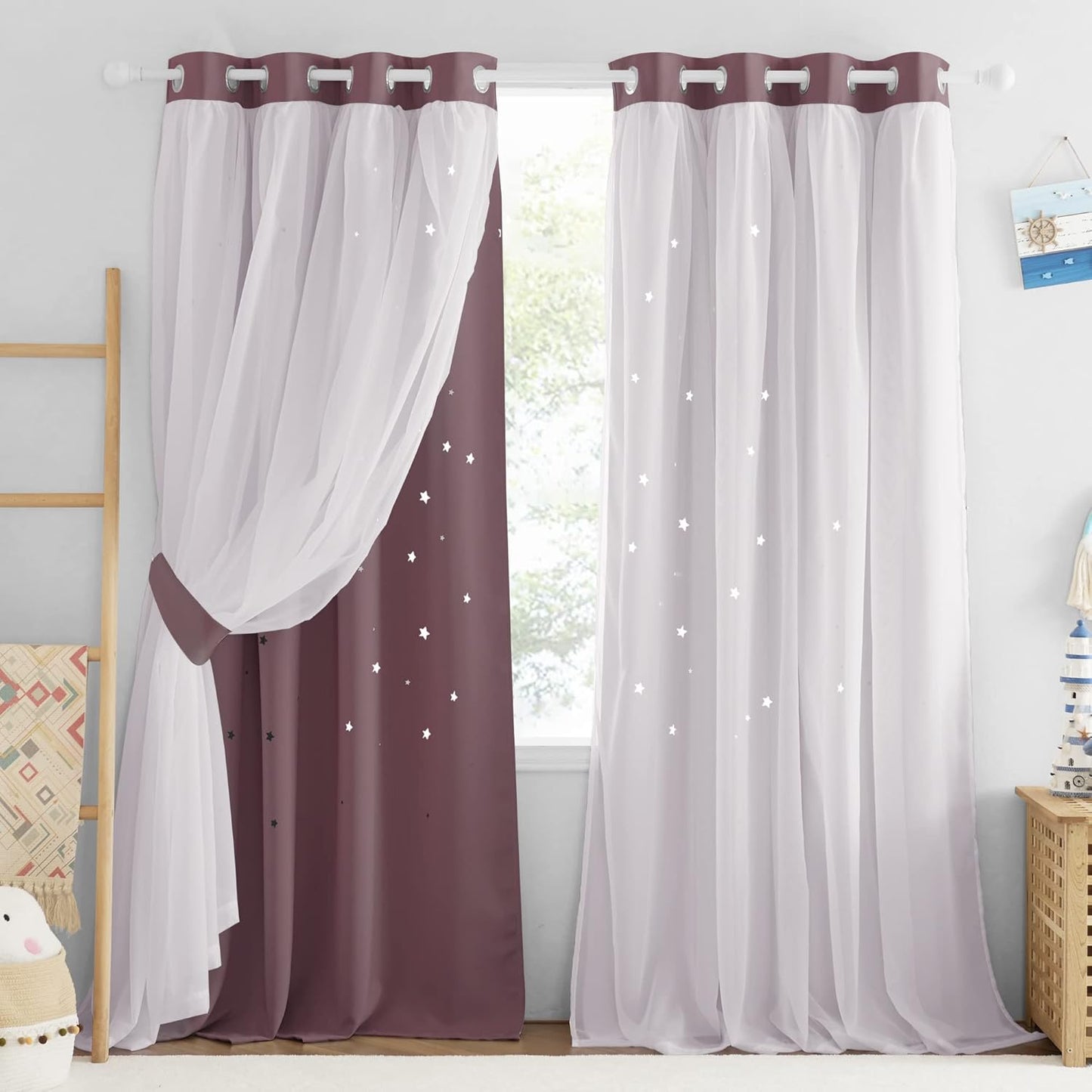 NICETOWN Rainbow Star Curtains for Girls Bedroom, Double Layer Colorful Stripes Kids Blackout Curtains Plus White Sheer Livingroom Window Curtains for School Classroom (Rainbow, W52 x L84, Sold by 2)