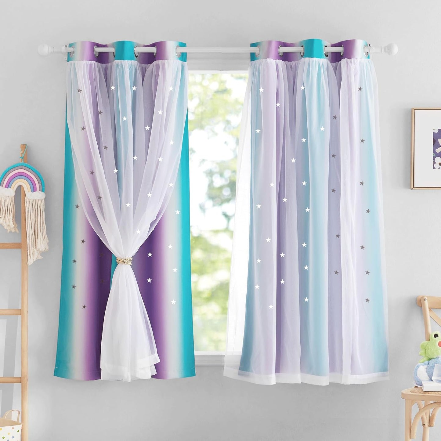 NICETOWN Rainbow Star Curtains for Girls Bedroom, Double Layer Colorful Stripes Kids Blackout Curtains Plus White Sheer Livingroom Window Curtains for School Classroom (Rainbow, W52 x L84, Sold by 2)