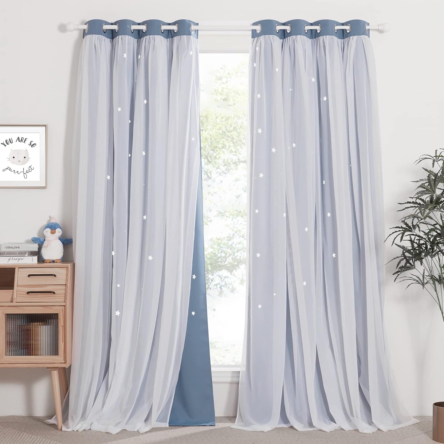 NICETOWN Rainbow Star Curtains for Girls Bedroom, Double Layer Colorful Stripes Kids Blackout Curtains Plus White Sheer Livingroom Window Curtains for School Classroom (Rainbow, W52 x L84, Sold by 2)