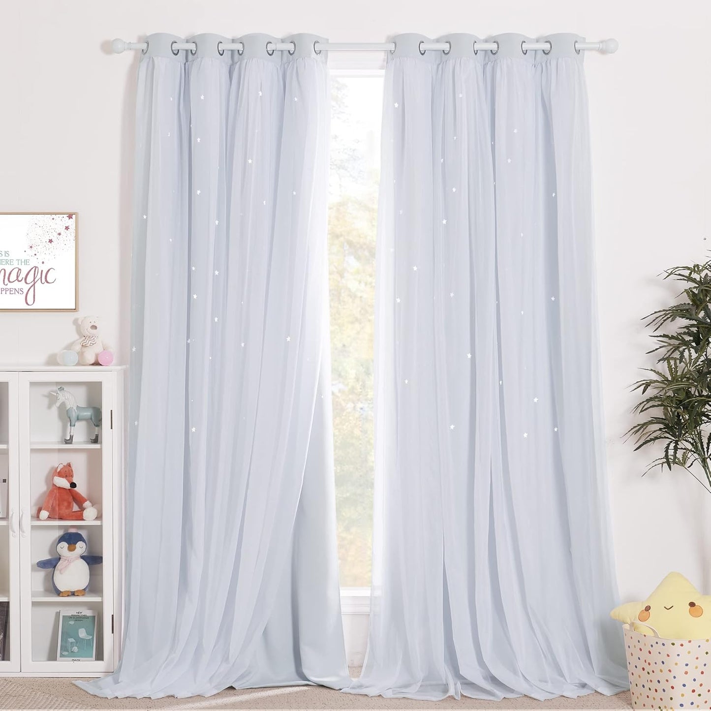 NICETOWN Rainbow Star Curtains for Girls Bedroom, Double Layer Colorful Stripes Kids Blackout Curtains Plus White Sheer Livingroom Window Curtains for School Classroom (Rainbow, W52 x L84, Sold by 2)