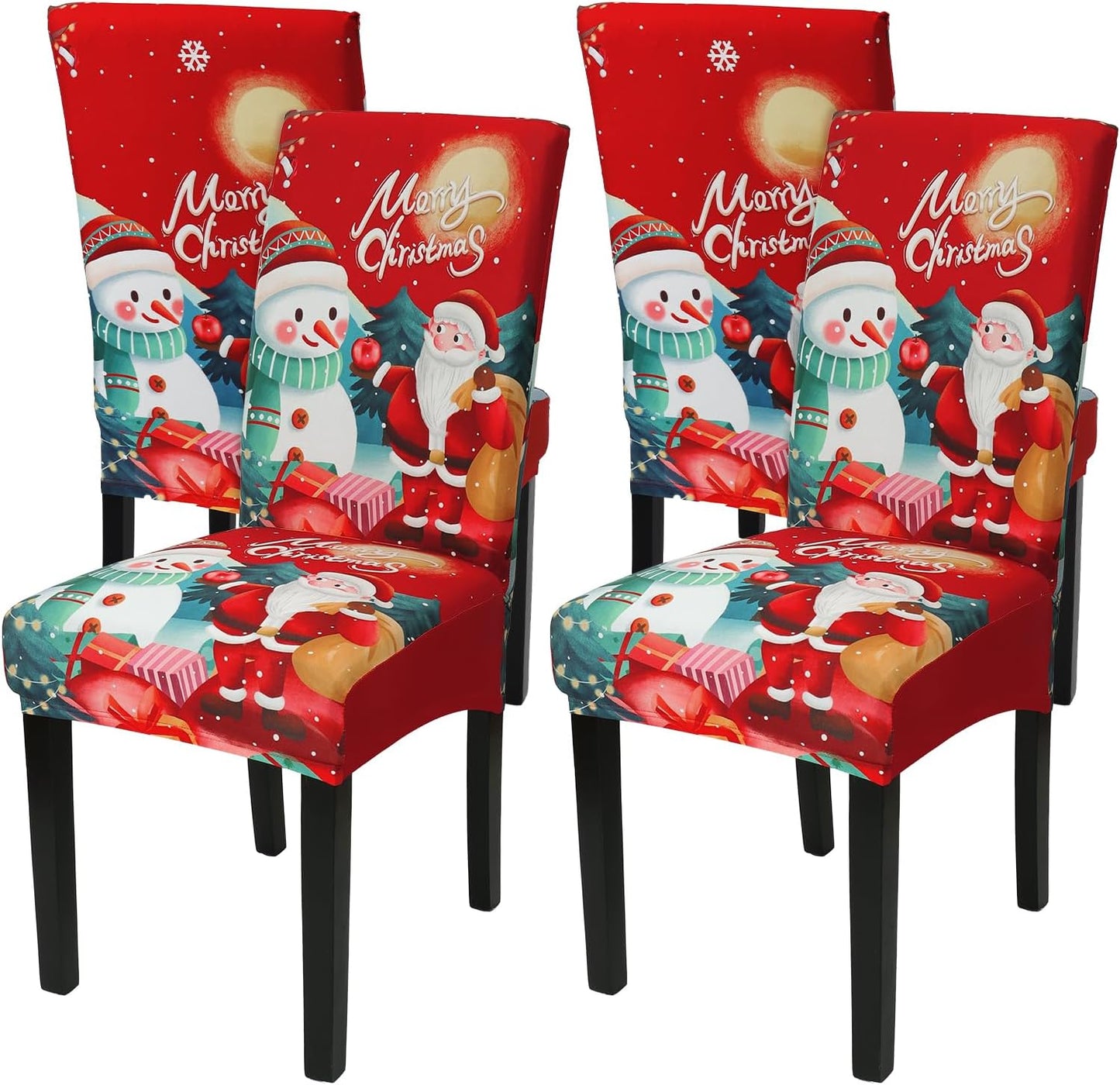 Christmas Chair Covers Set of 4 Merry Christmas Dining Room Chair Back Covers Santa Claus Snowman Xmas Chair Protector Slipcovers for Christmas Holiday Home Kitchen Decor