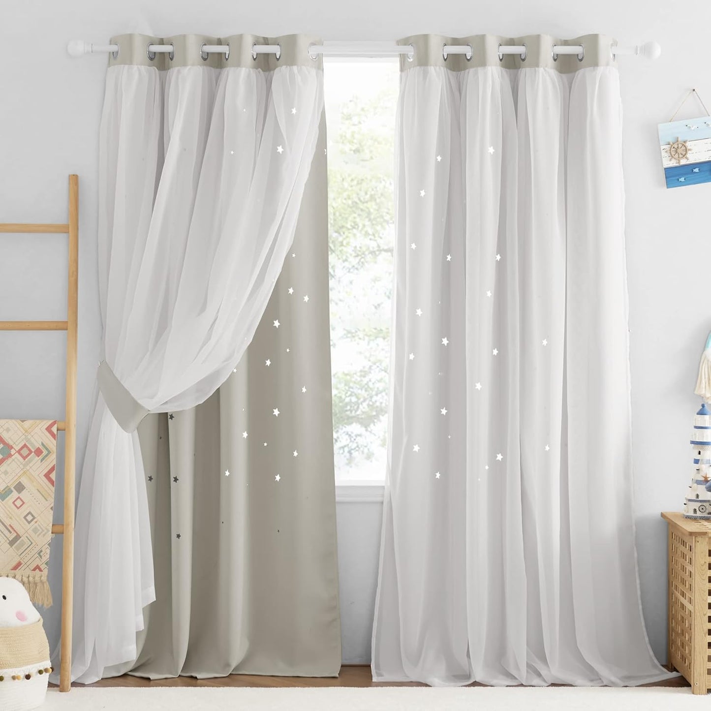 NICETOWN Rainbow Star Curtains for Girls Bedroom, Double Layer Colorful Stripes Kids Blackout Curtains Plus White Sheer Livingroom Window Curtains for School Classroom (Rainbow, W52 x L84, Sold by 2)